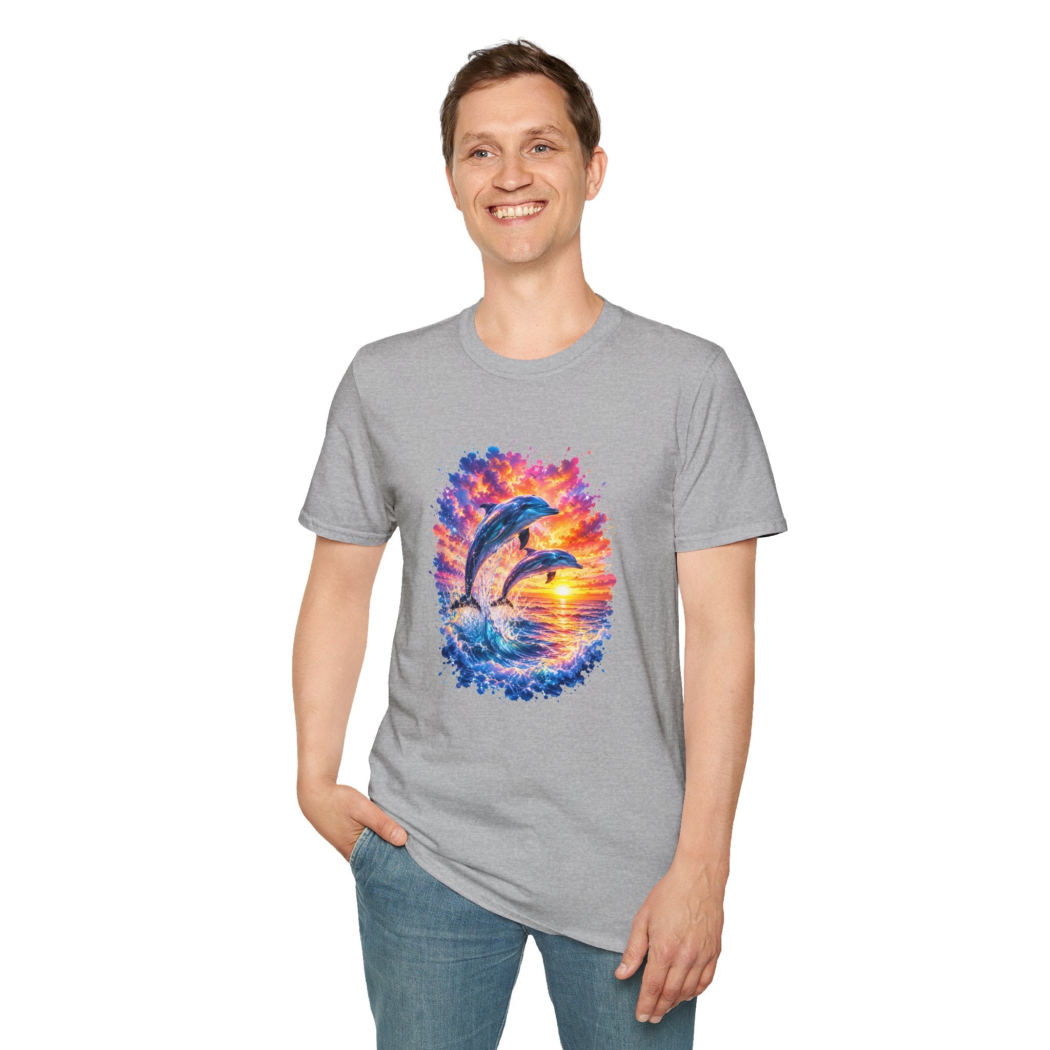 Dolphin Sunset TShirt  Vibrant Ocean Jump Graphic Tee