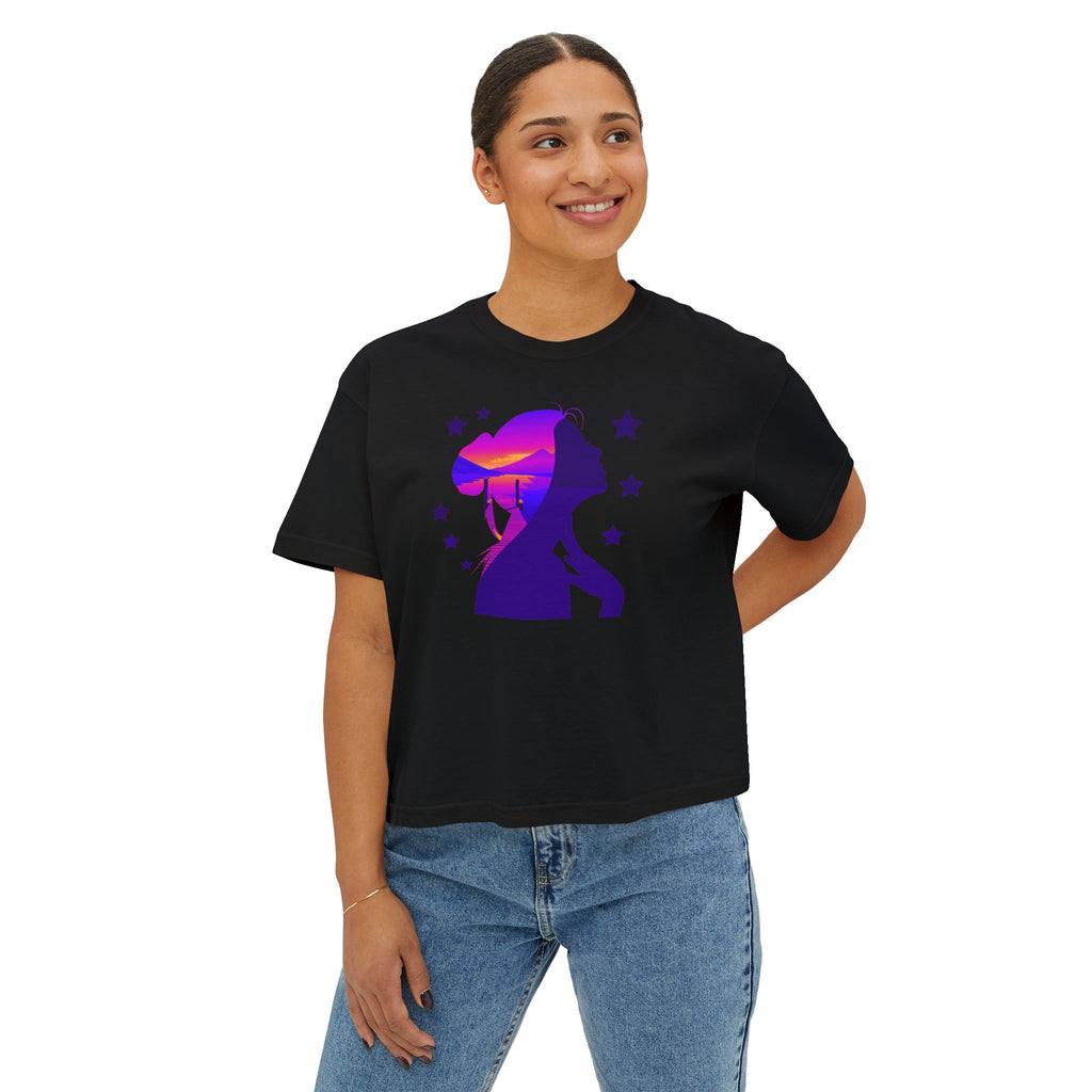 Women's Boxy Tee — Purple Sunset Silhouette Tee for Girls & Teens
