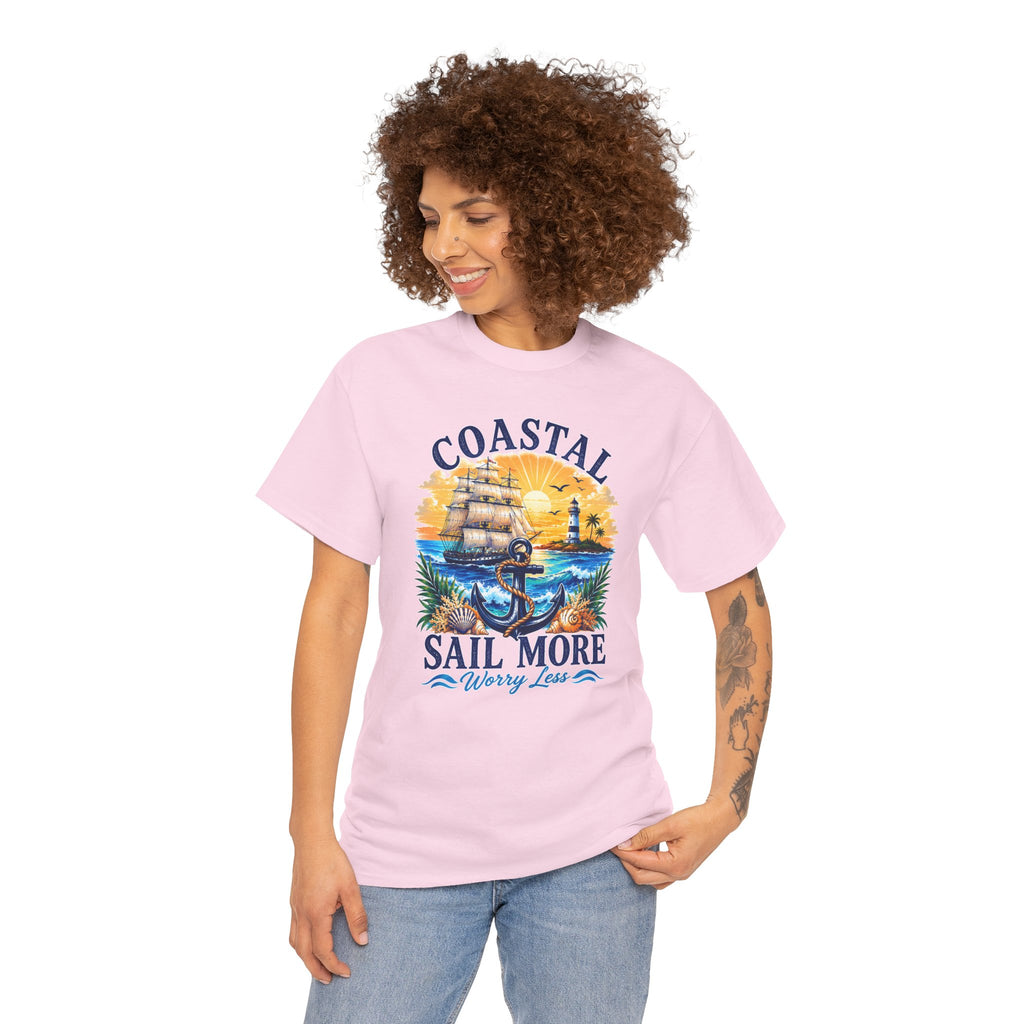 Coastal Sail More Worry Less T-Shirt | Nautical Beach Graphic Tee | Sailing Lover Shirt | Ocean Sunset Gift