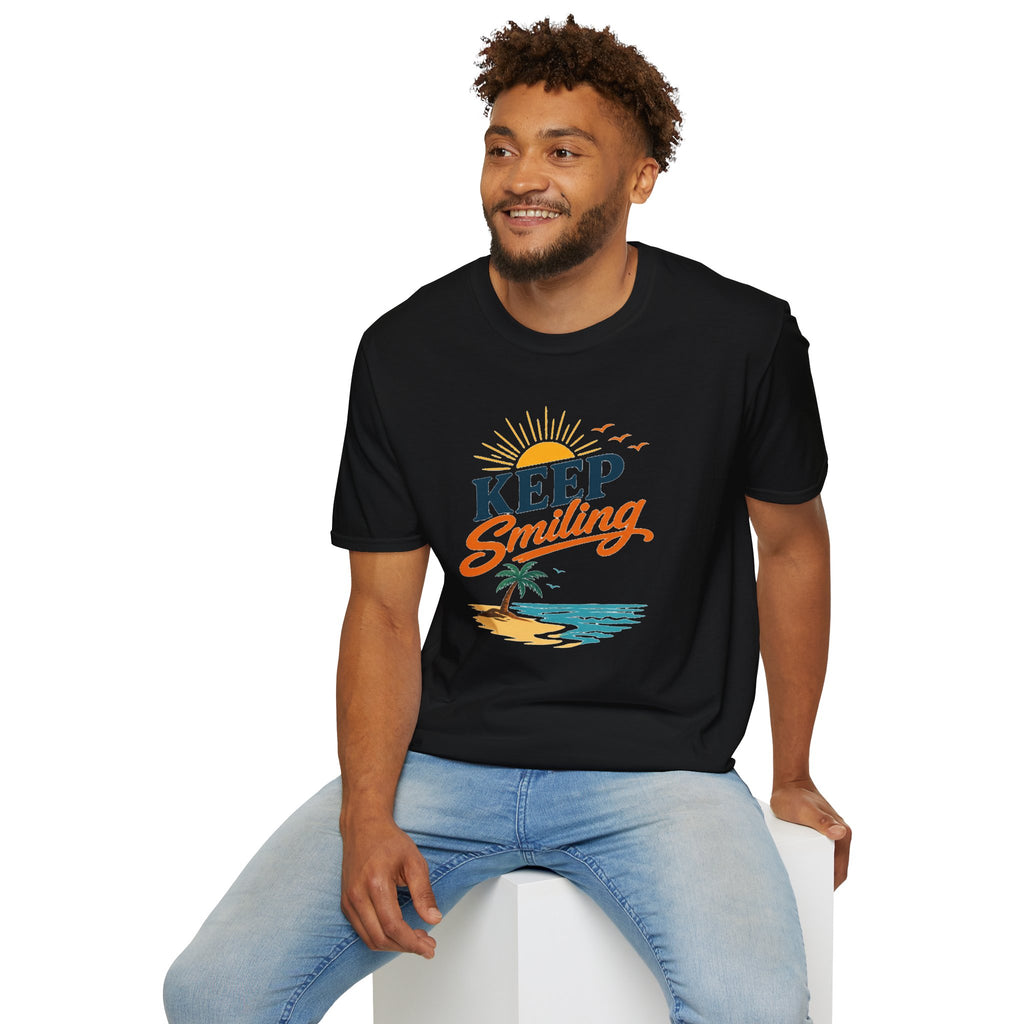 Keep Smiling Beach T-Shirt – Retro Sunset Palm Tee