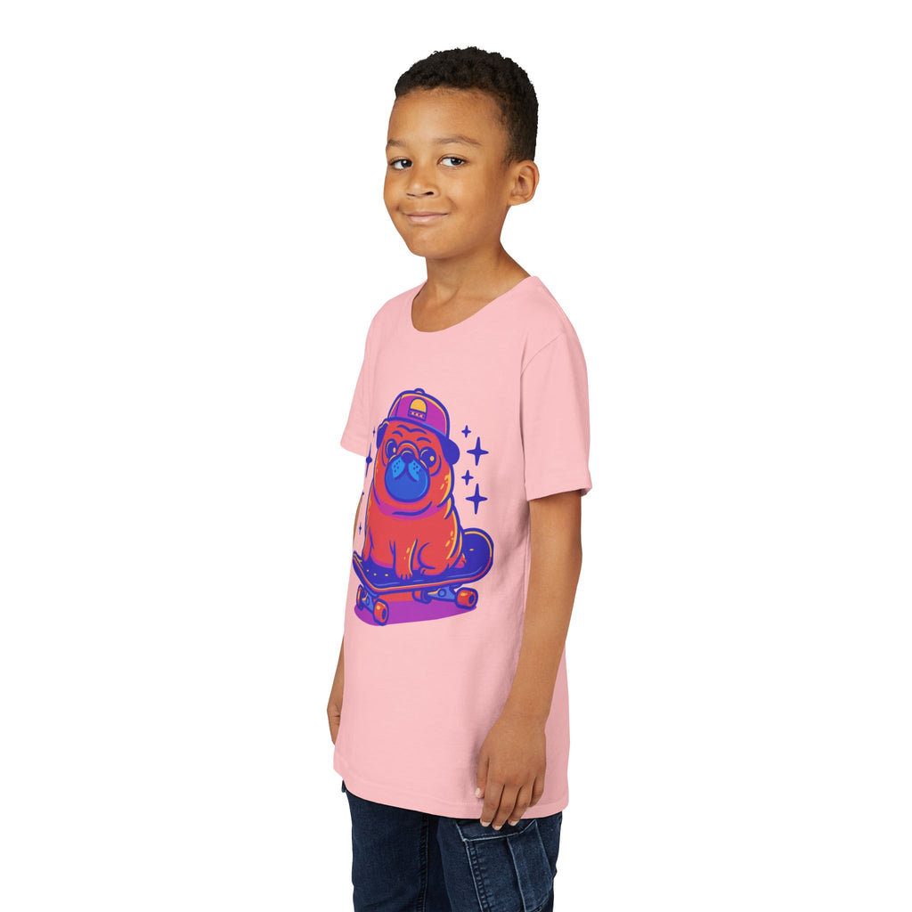 Cute Skateboarding Pug Kids T-Shirt | Funny Dog Graphic Tee for Boys & Girls | Youth Streetwear Shirt
