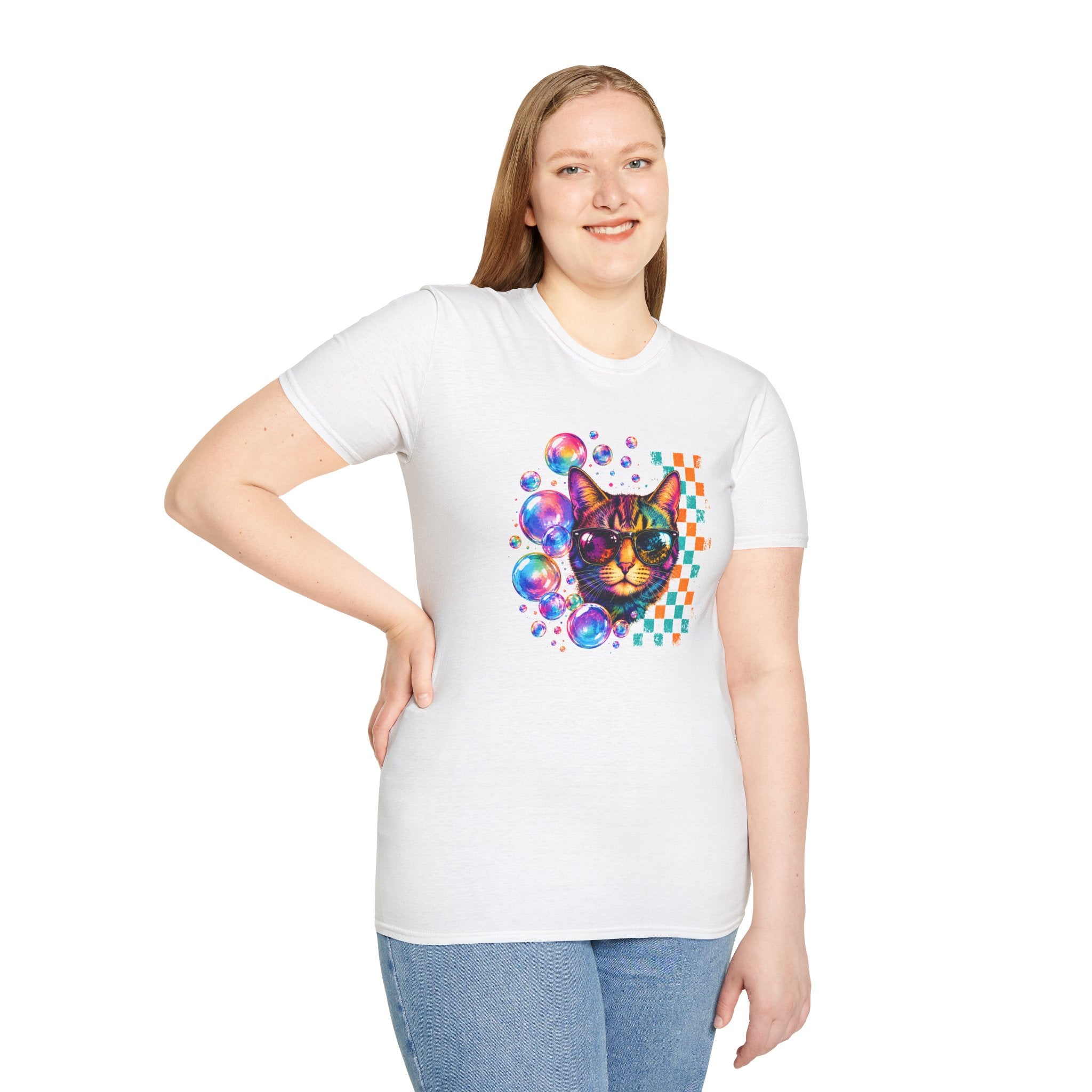 Colorful Cat Sunglasses T-Shirt, Retro Pop Art Cat Tee, Fun Graphic Shirt