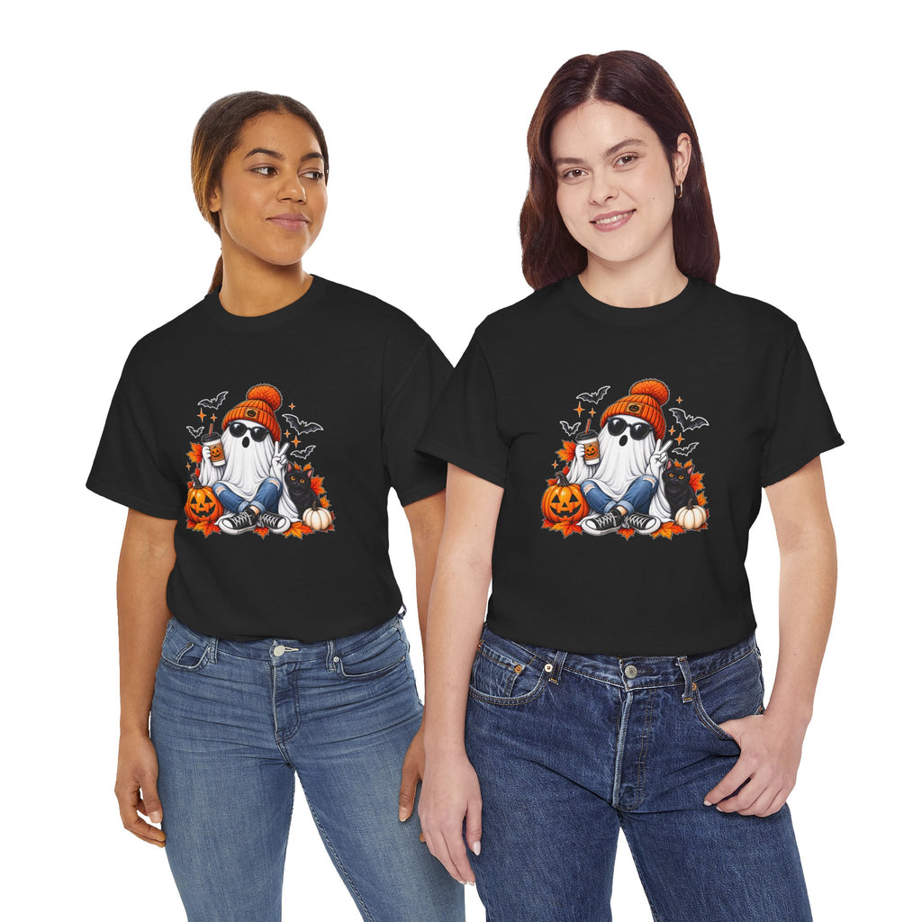 Halloween Ghost T-Shirt, Cute Spooky Pumpkin Cat Tee, Cozy Fall Coffee Graphic Shirt, Halloween Gift for Her