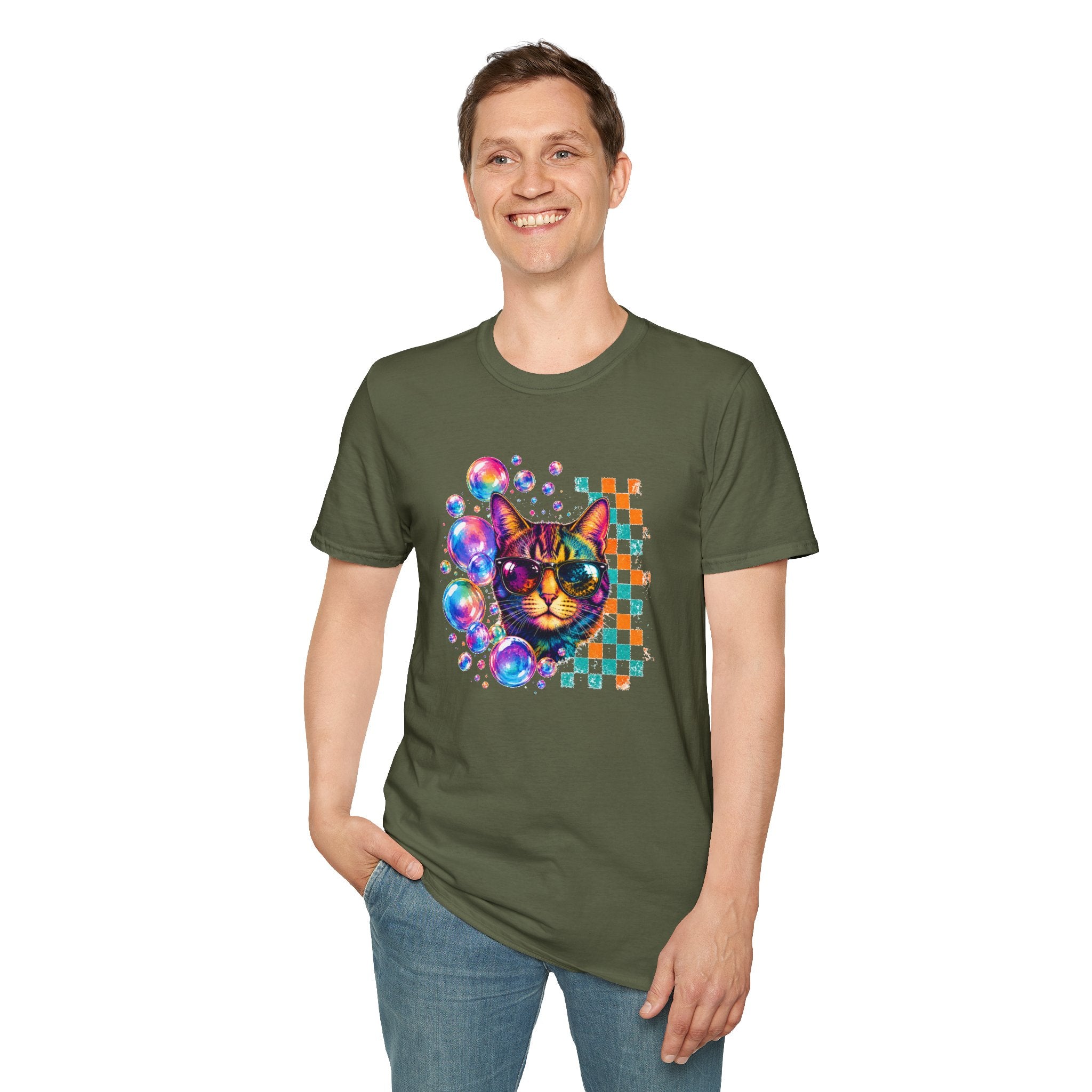 Colorful Cat Sunglasses T-Shirt, Retro Pop Art Cat Tee, Fun Graphic Shirt