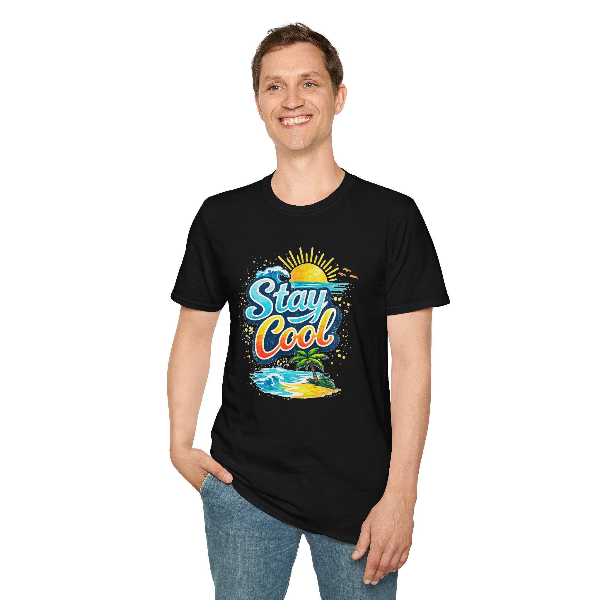 Stay Cool Beach T-Shirt — Vintage Sunset Palm Island Graphic