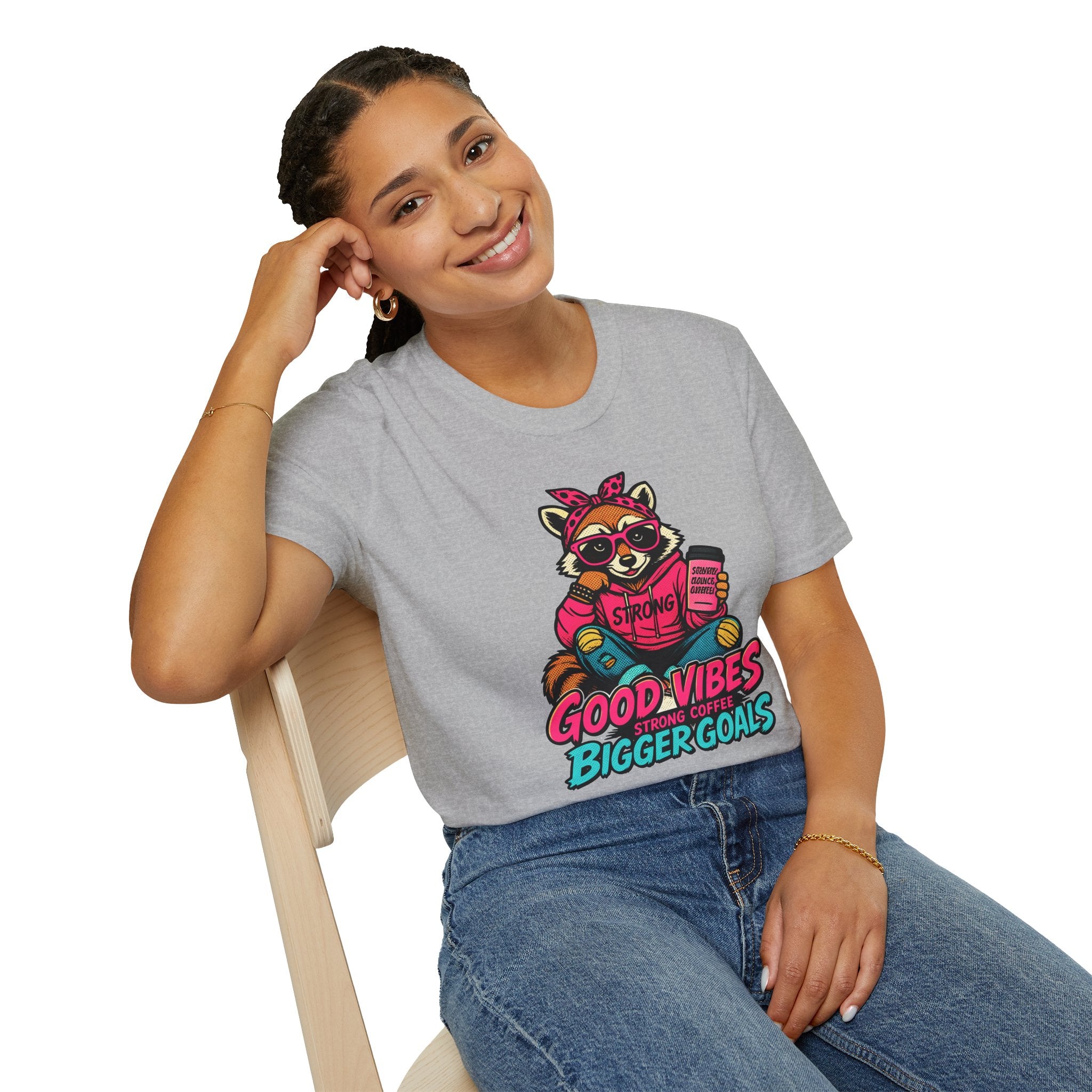 Good Vibes Bigger Goals T-Shirt — Raccoon Coffee Motivation Tee