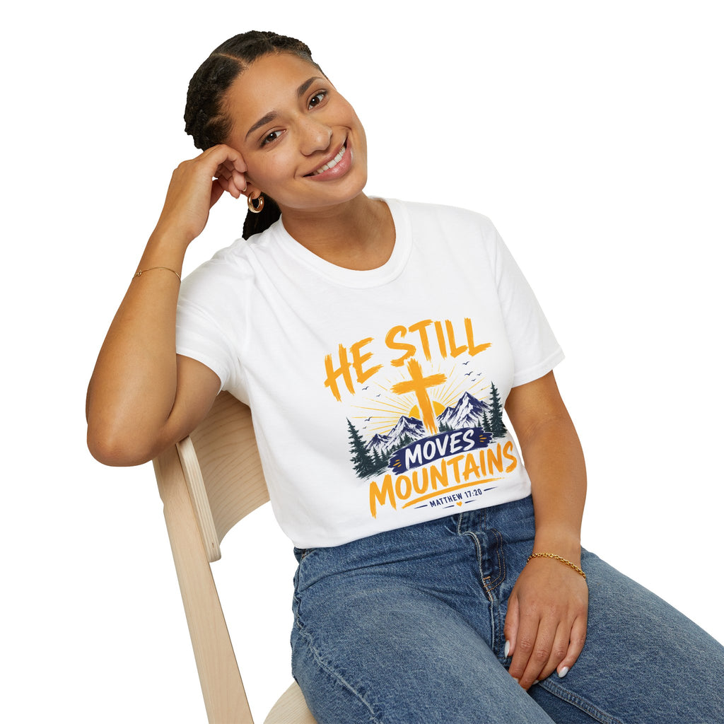 He Still Moves Mountains Shirt, Christian T-Shirt, Faith Cross Tee, Bible Verse Shirt, Religious Gift