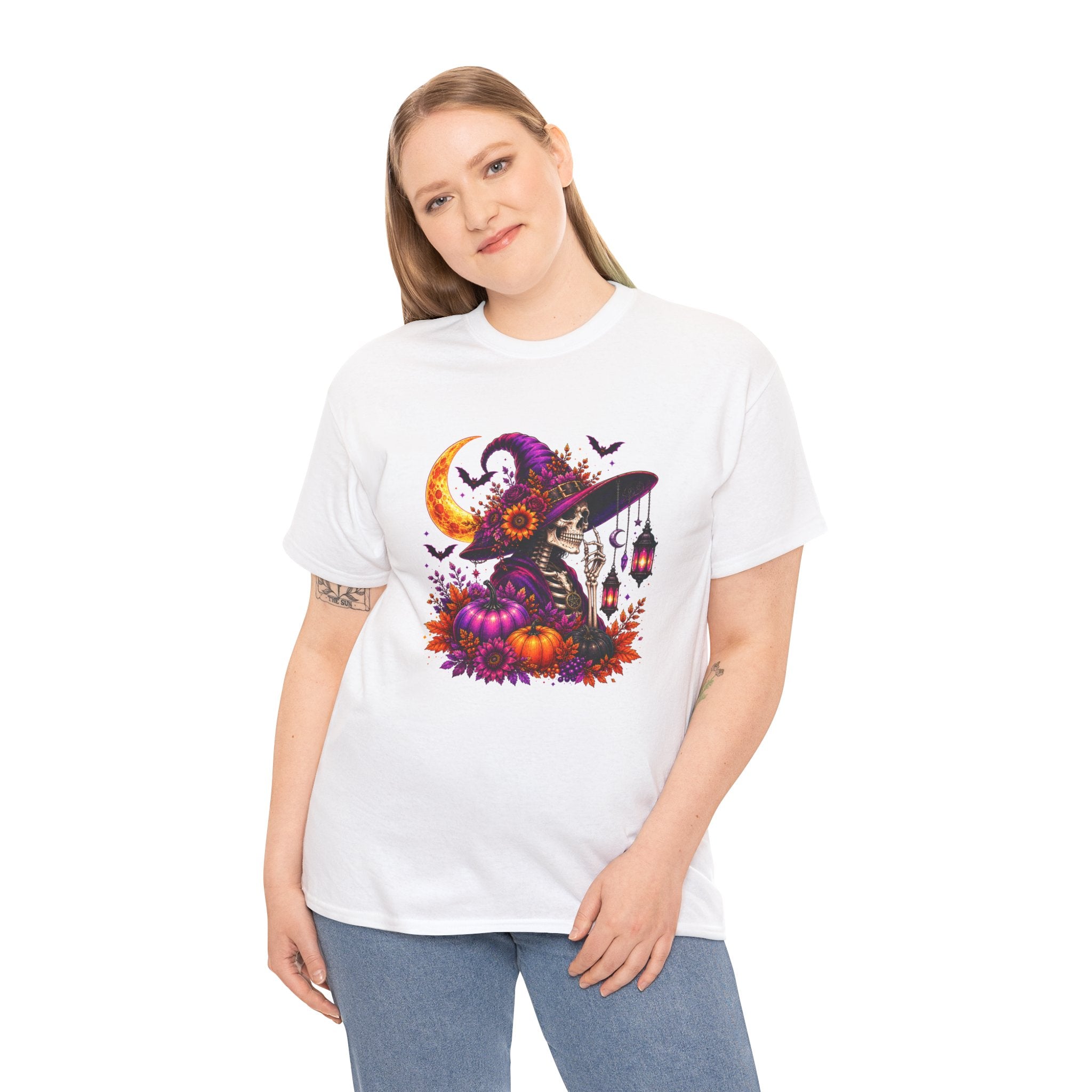 Halloween Witch Skeleton T-Shirt, Spooky Pumpkin Moon Tee, Gothic Fall Graphic Shirt, Halloween Gift for Her