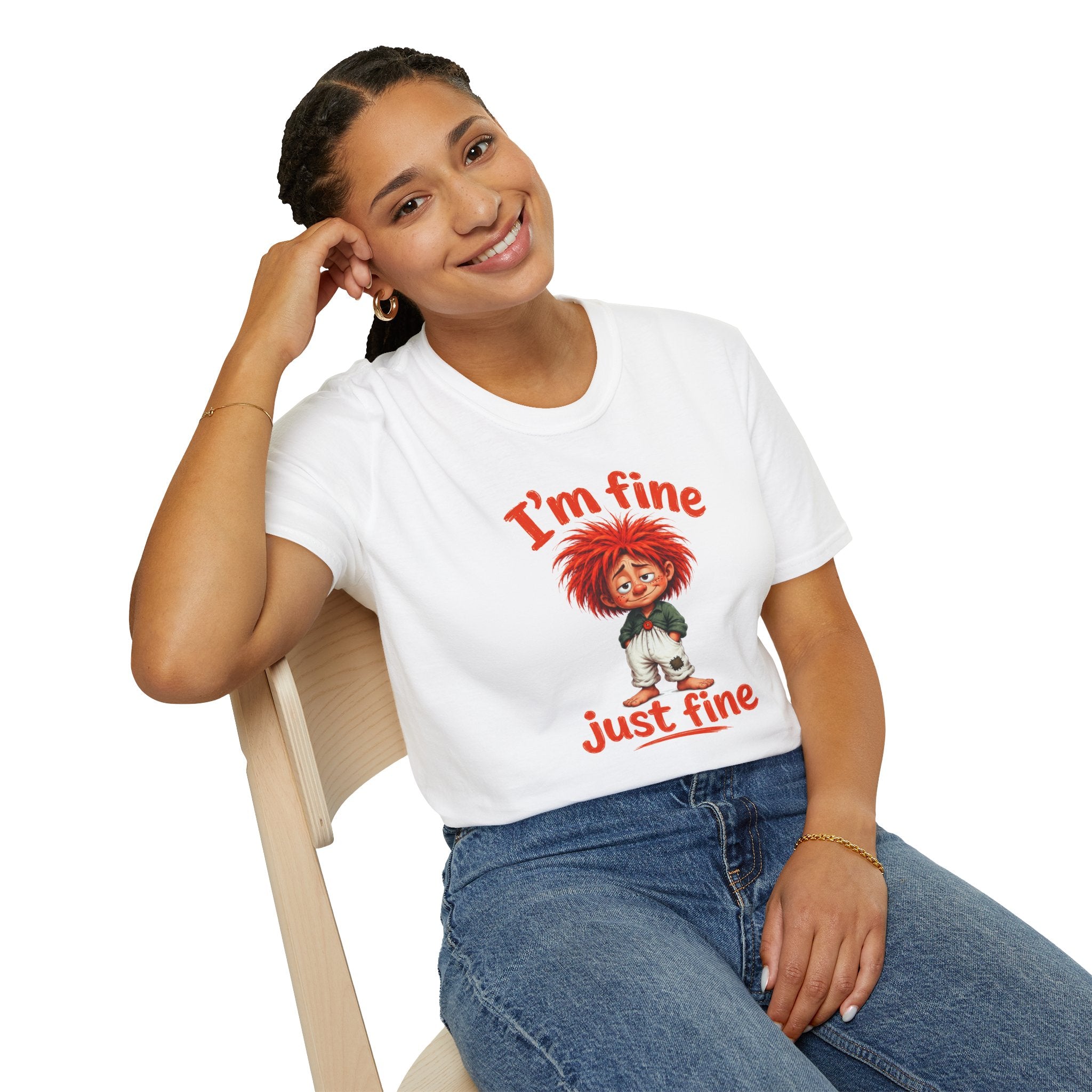 I'm Fine T‑Shirt — Cute Red‑Haired Character Tee ("I'm fine, just fine")