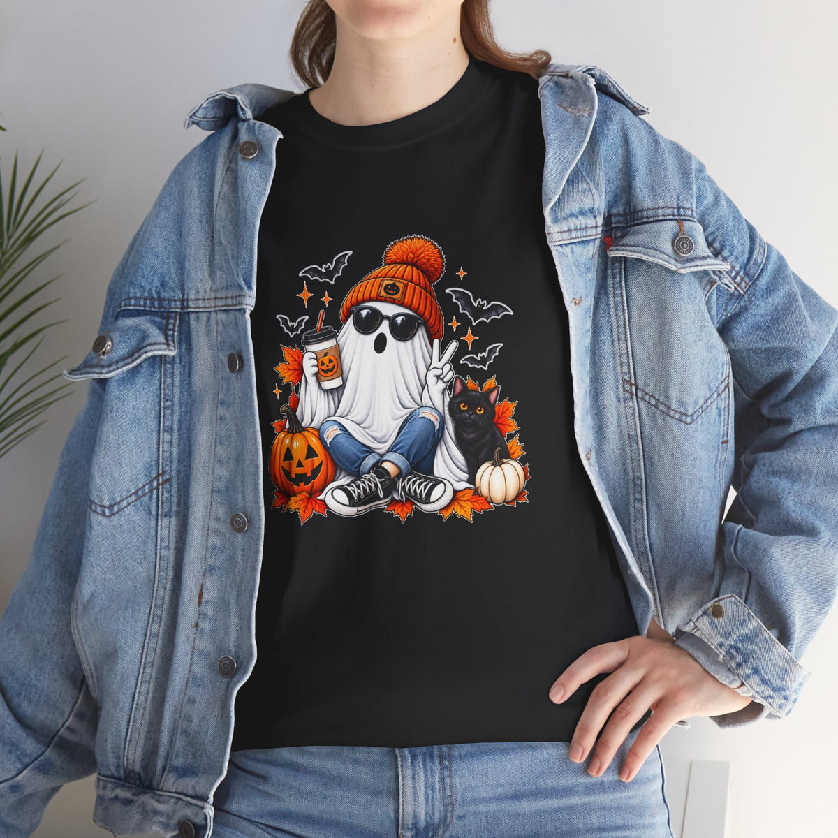 Halloween Ghost T-Shirt, Cute Spooky Pumpkin Cat Tee, Cozy Fall Coffee Graphic Shirt, Halloween Gift for Her