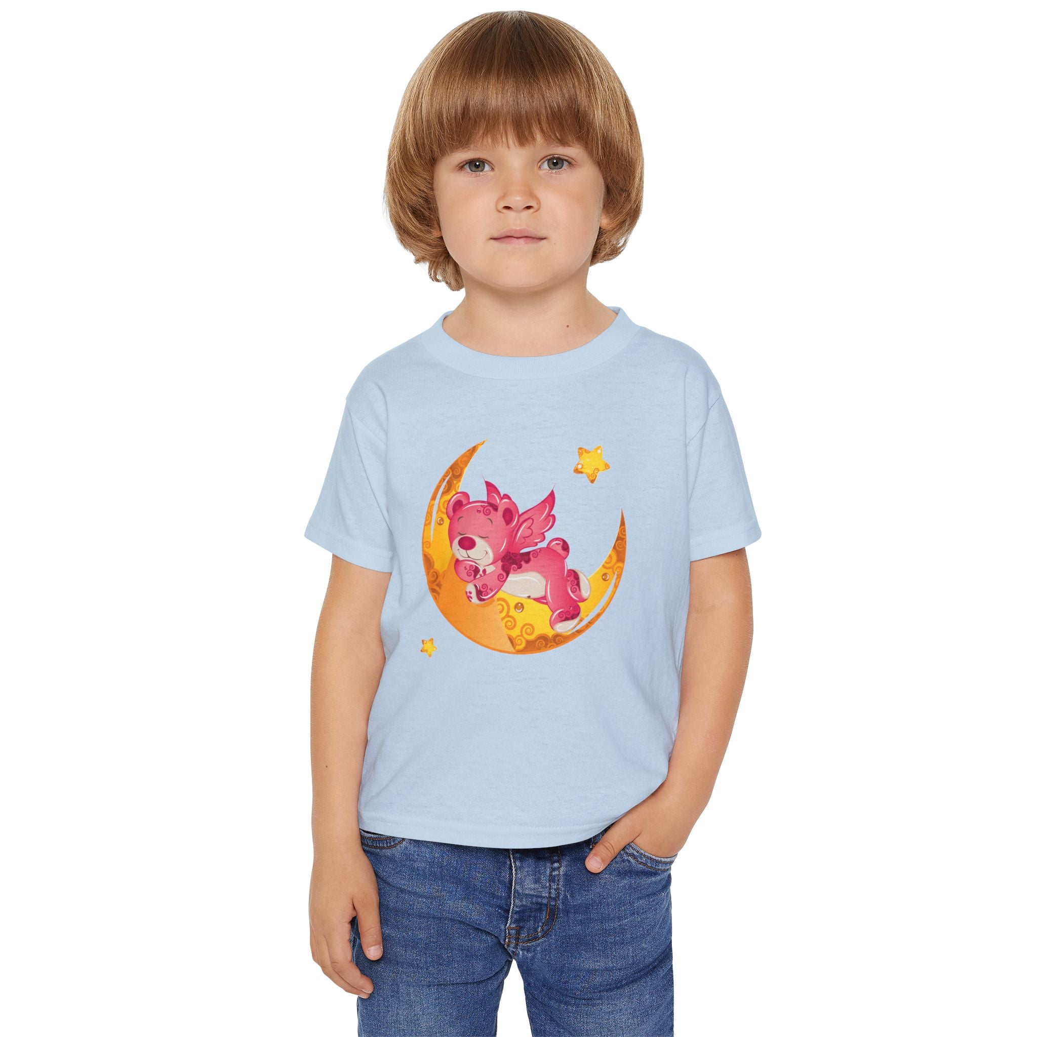 Cute Sleeping Pink Baby Dragon on Moon Toddler T-Shirt | Nursery Kids Tee | Soft Cotton Toddler Shirt