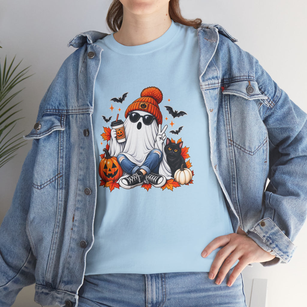 Halloween Ghost T-Shirt, Cute Spooky Pumpkin Cat Tee, Cozy Fall Coffee Graphic Shirt, Halloween Gift for Her