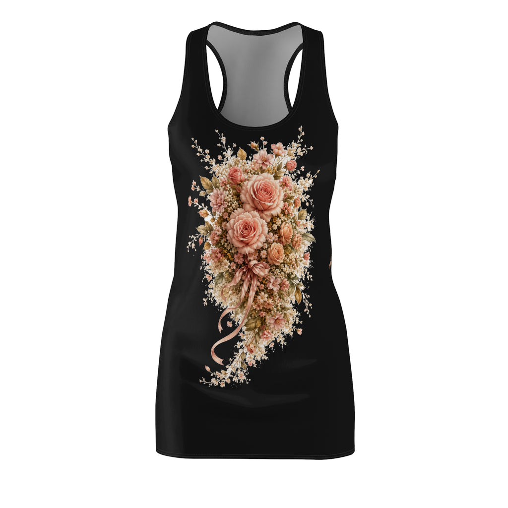 Floral Rose Bouquet Racerback Dress — Vintage Peach Roses on Black