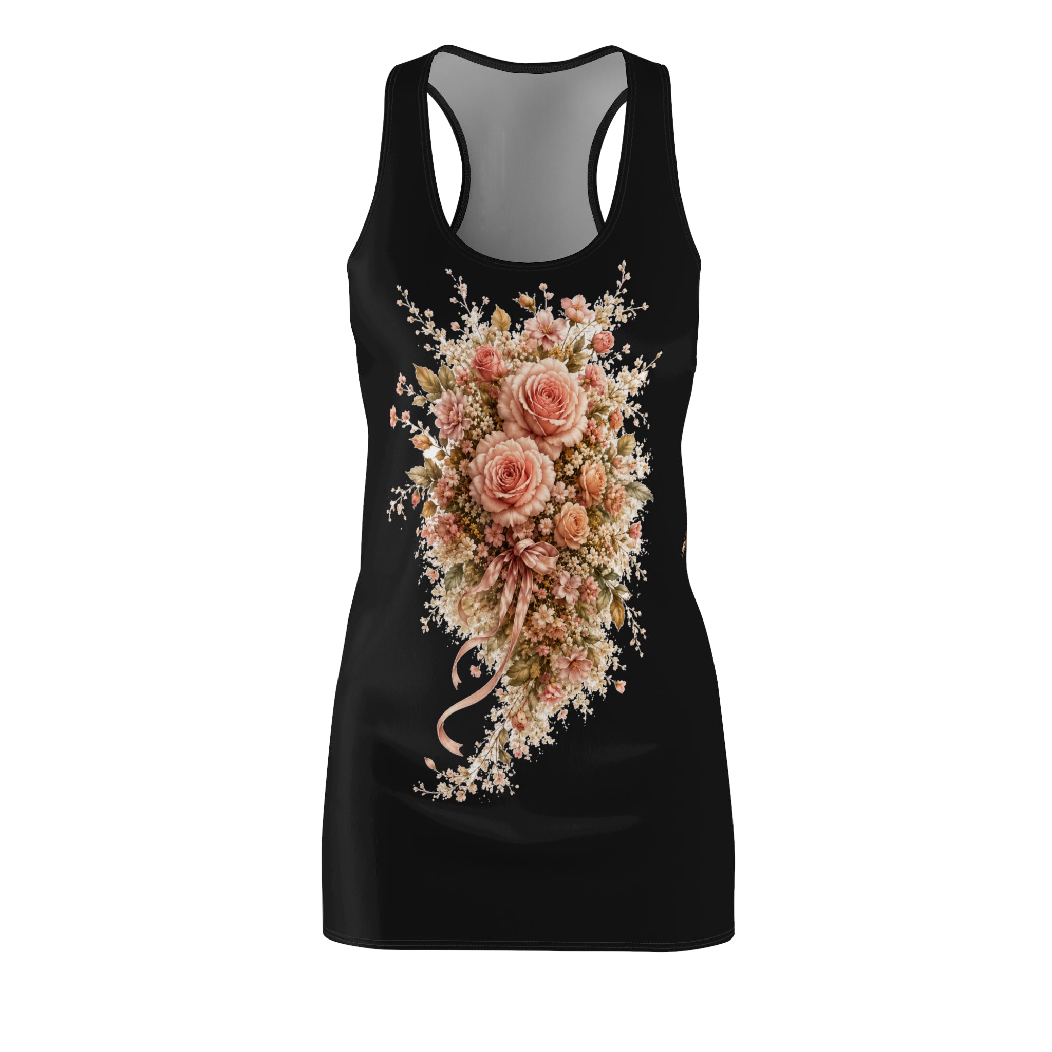 Floral Rose Bouquet Racerback Dress — Vintage Peach Roses on Black