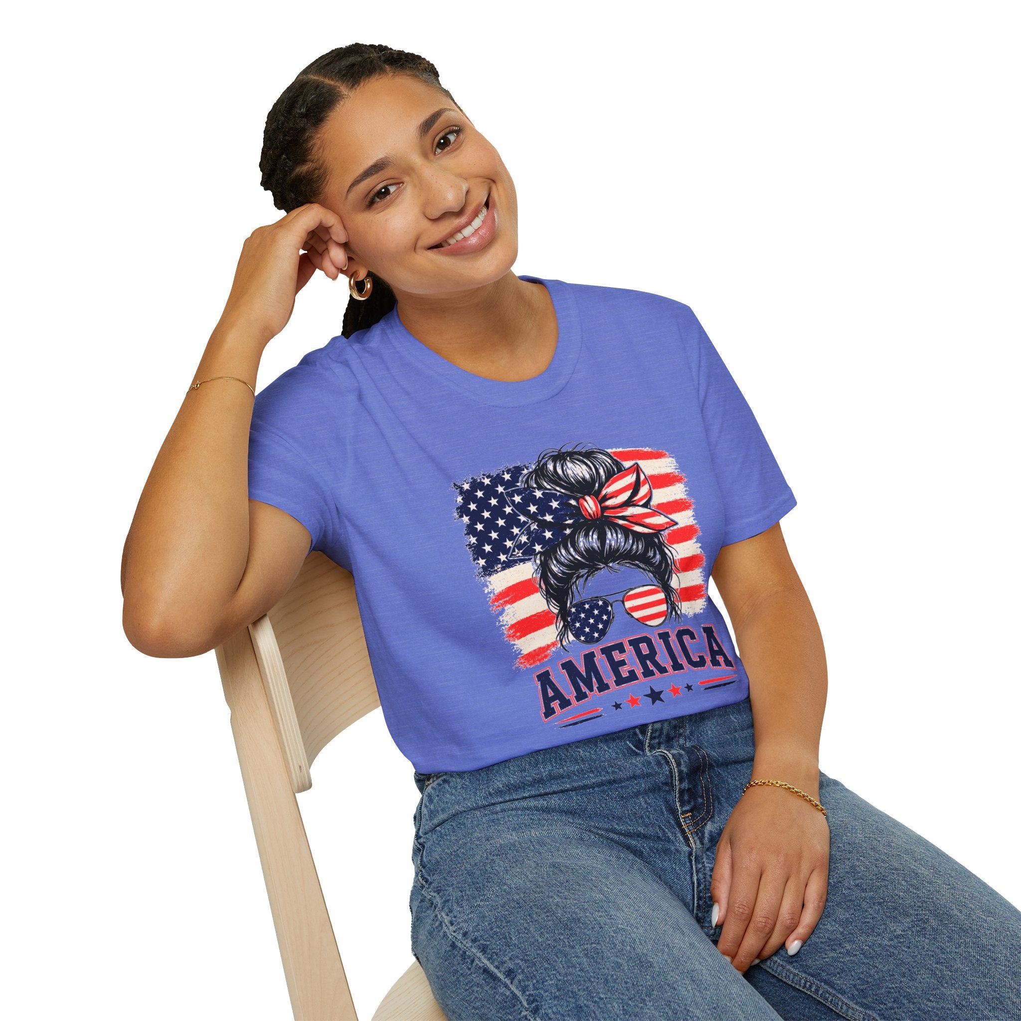 T-Shirt — Messy Bun American Flag Design (Patriotic Hair Band & Sunglasses)