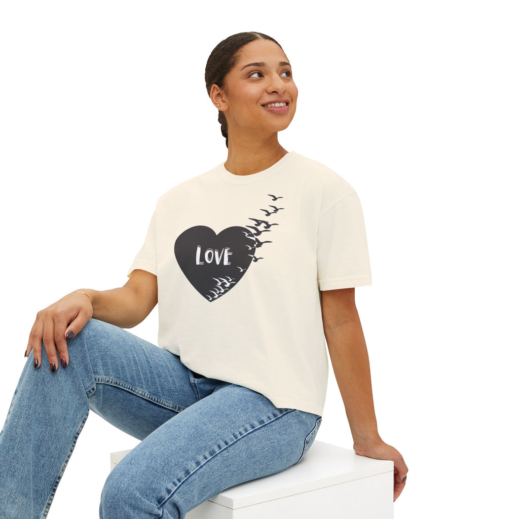 Love Bird Heart Boxy Tee — Women's Casual Graphic Shirt