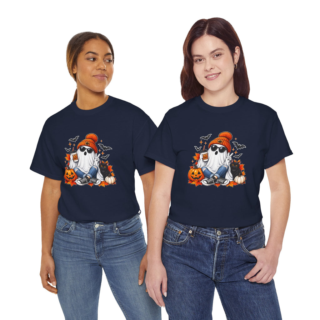 Halloween Ghost T-Shirt, Cute Spooky Pumpkin Cat Tee, Cozy Fall Coffee Graphic Shirt, Halloween Gift for Her