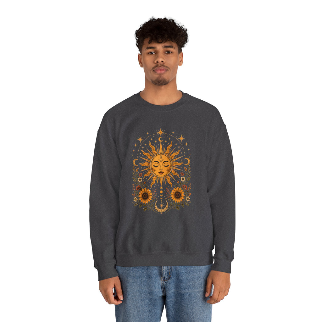 Sun & Sunflower Crewneck Sweatshirt, Boho Celestial Sweatshirt, Vintage Sun Graphic, Cozy Unisex Pullover, Gift for Her