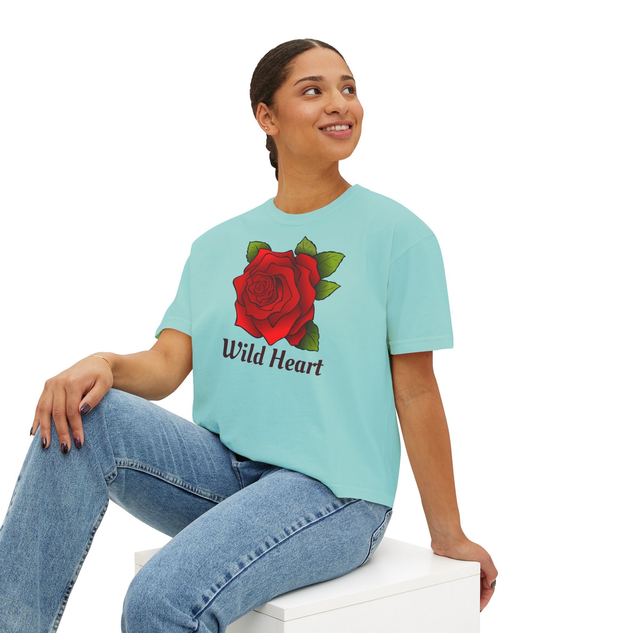 Wild Heart Rose T-Shirt for Women Vintage Floral Boxy Tee