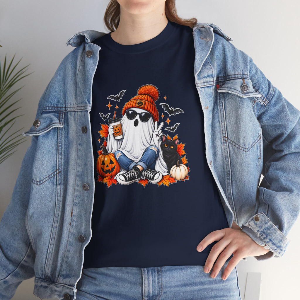 Halloween Ghost T-Shirt, Cute Spooky Pumpkin Cat Tee, Cozy Fall Coffee Graphic Shirt, Halloween Gift for Her