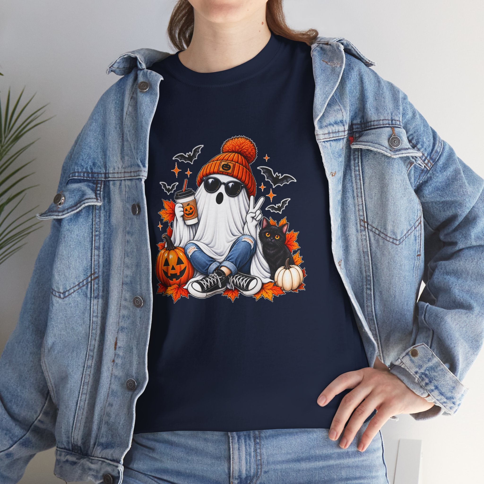 Halloween Ghost T-Shirt, Cute Spooky Pumpkin Cat Tee, Cozy Fall Coffee Graphic Shirt, Halloween Gift for Her