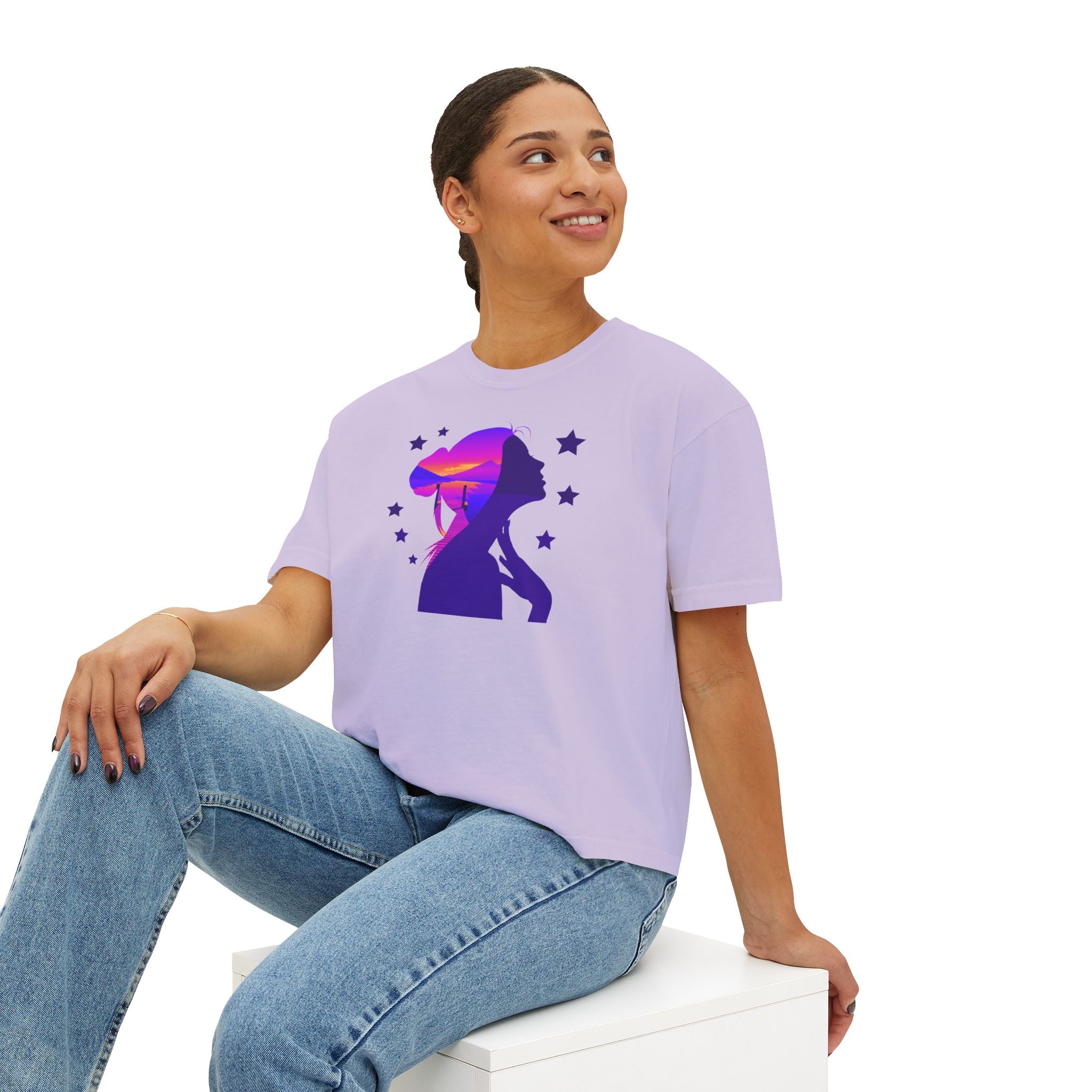 Women's Boxy Tee — Purple Sunset Silhouette Tee for Girls & Teens