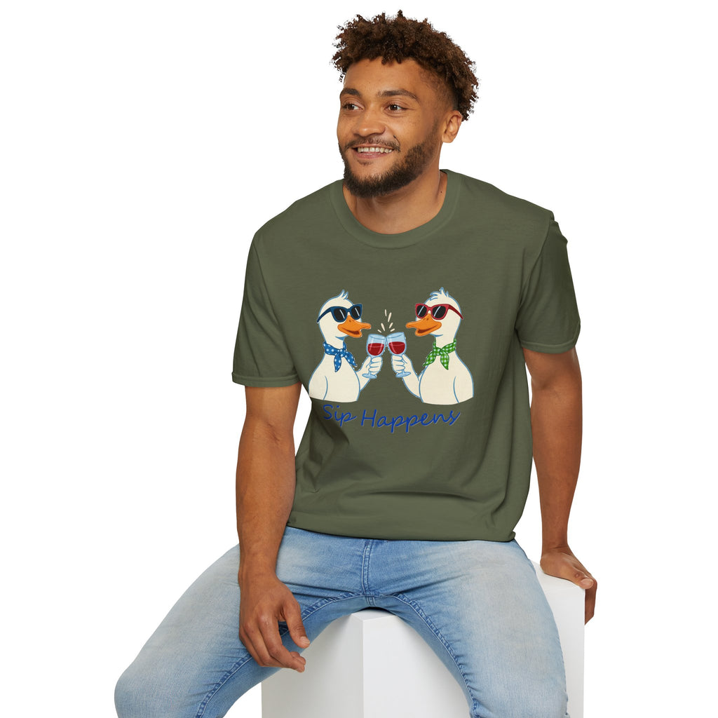 Funny Duck Shirt "Sip Happens" – Cute Drinking Ducks T-Shirt, Wine Lover Gift, Humor Graphic Tee, Casual Unisex Shirt