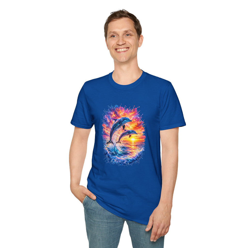 Dolphin Sunset TShirt  Vibrant Ocean Jump Graphic Tee