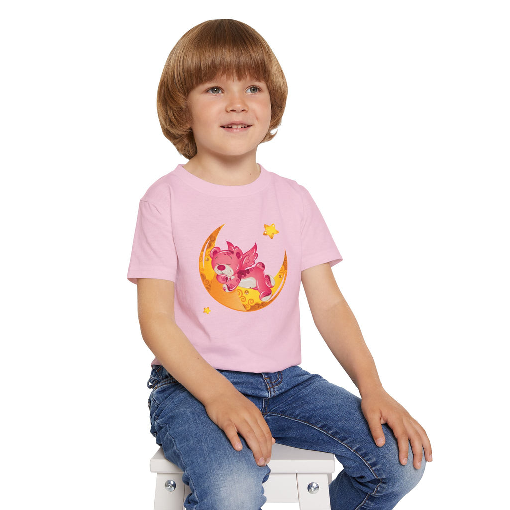 Cute Sleeping Pink Baby Dragon on Moon Toddler T-Shirt | Nursery Kids Tee | Soft Cotton Toddler Shirt