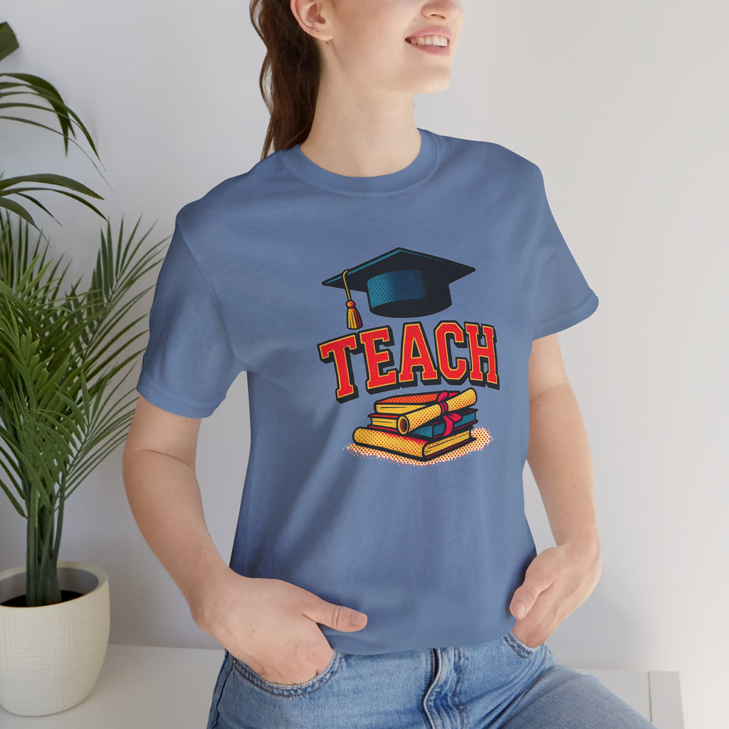 Teach Graduation T‑Shirt — Teacher Gift Tee with Cap & Books Design