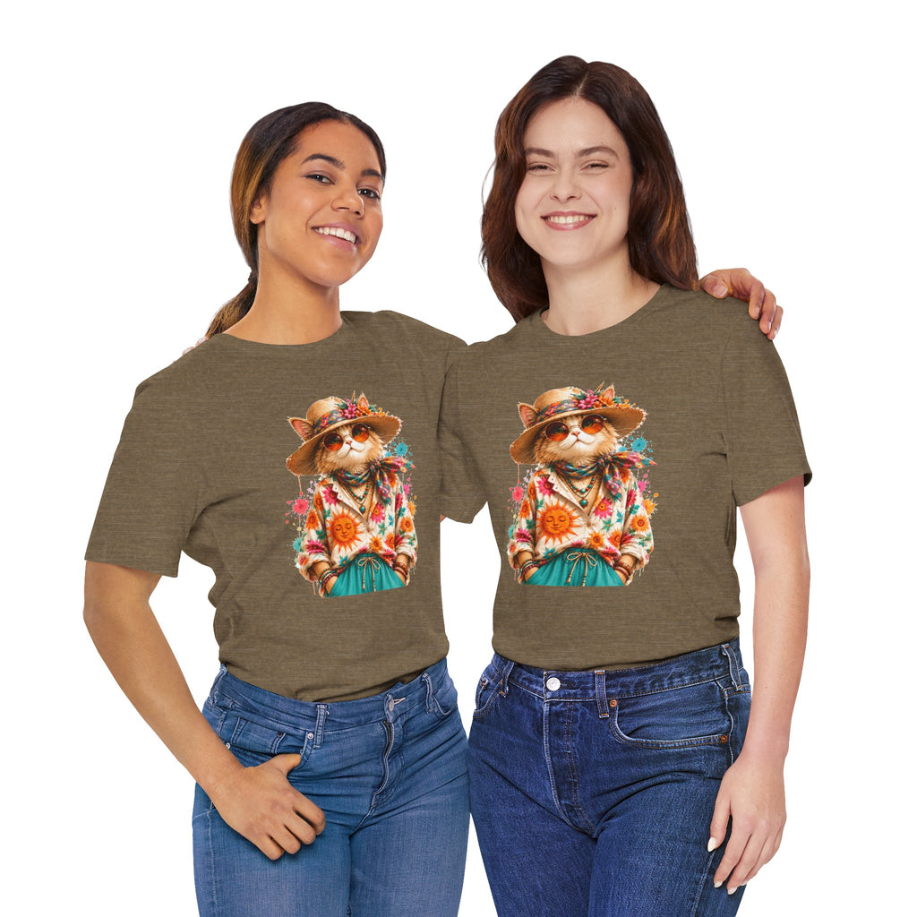 Boho Cat Graphic Tee — Floral Hat & Sunshine Cat T-Shirt