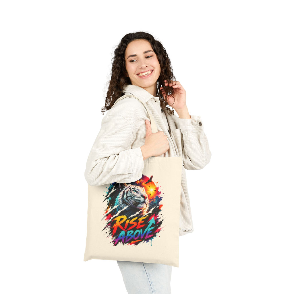 Rise Above Tiger Tote Bag | Colorful White Tiger Canvas Bag | Motivational Tote | Neon Animal Art | Reusable Shopping Bag | Gift for Tiger Lovers