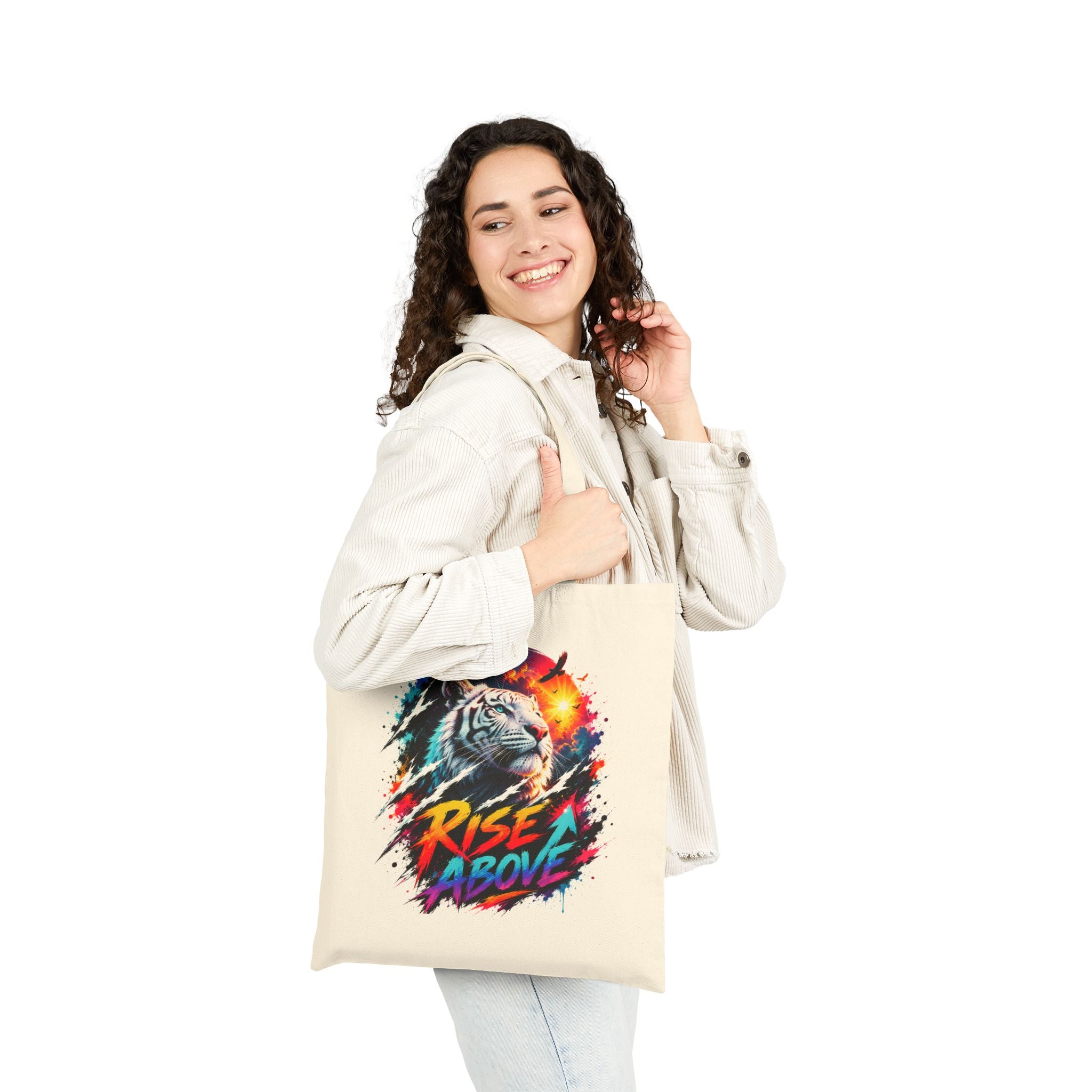 Rise Above Tiger Tote Bag | Colorful White Tiger Canvas Bag | Motivational Tote | Neon Animal Art | Reusable Shopping Bag | Gift for Tiger Lovers