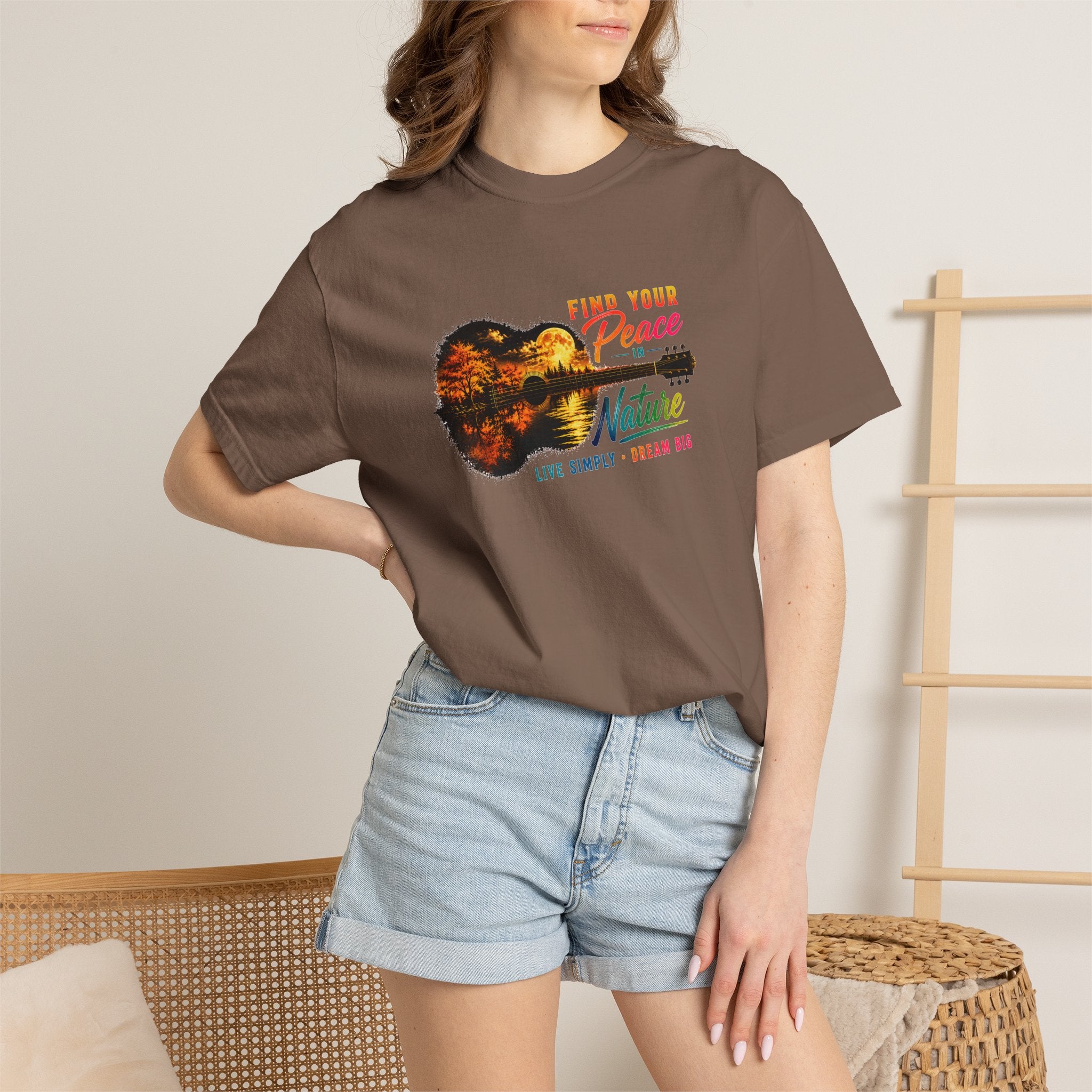Acoustic Guitar Nature T-Shirt, Find Your Peace in Nature Tee, Music Lover Gift, Camping Shirt, Outdoor Graphic Tee, Hiking Shirt