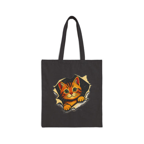 Cat Peeking Tote Bag — Cute Kitten Canvas Grocery & Book Bag