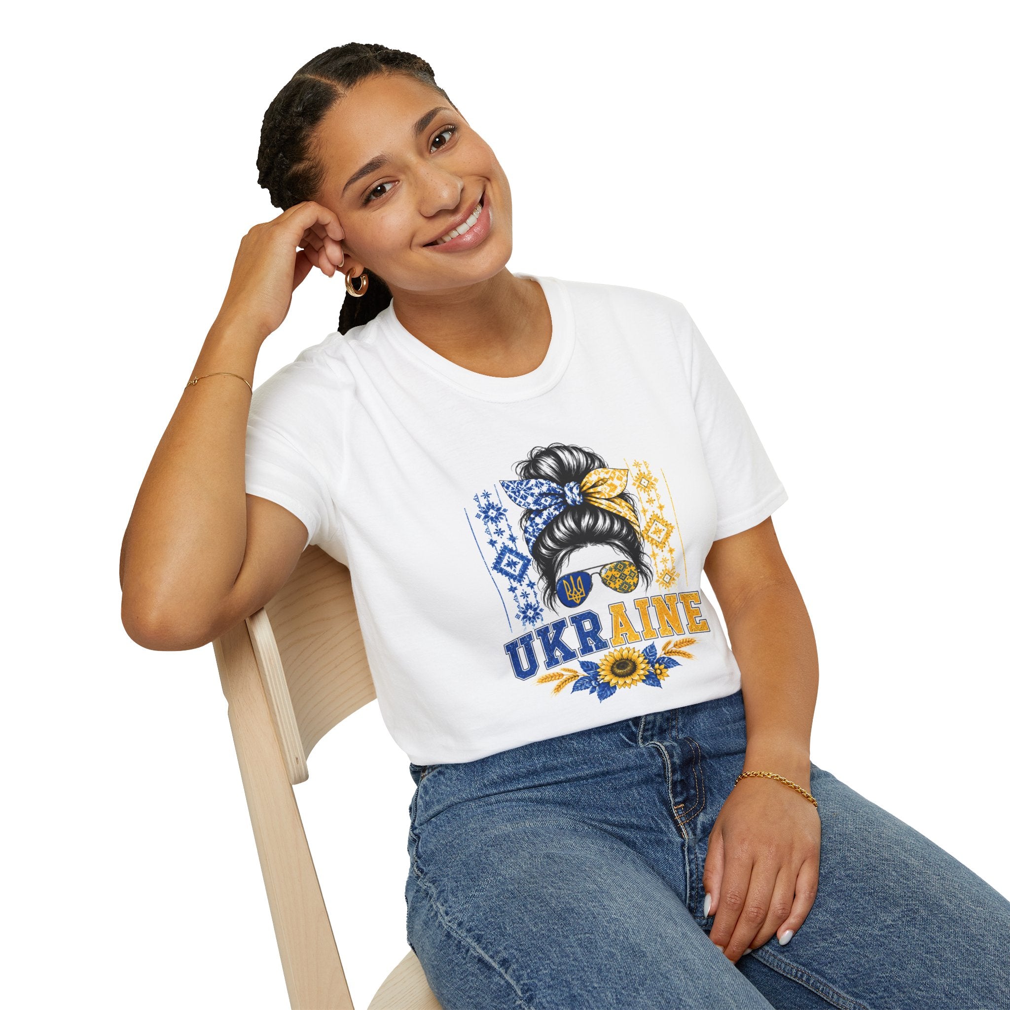 Ukraine Sunflower Hair Bun T-Shirt — Messy Bun with Blue & Yellow Bandana