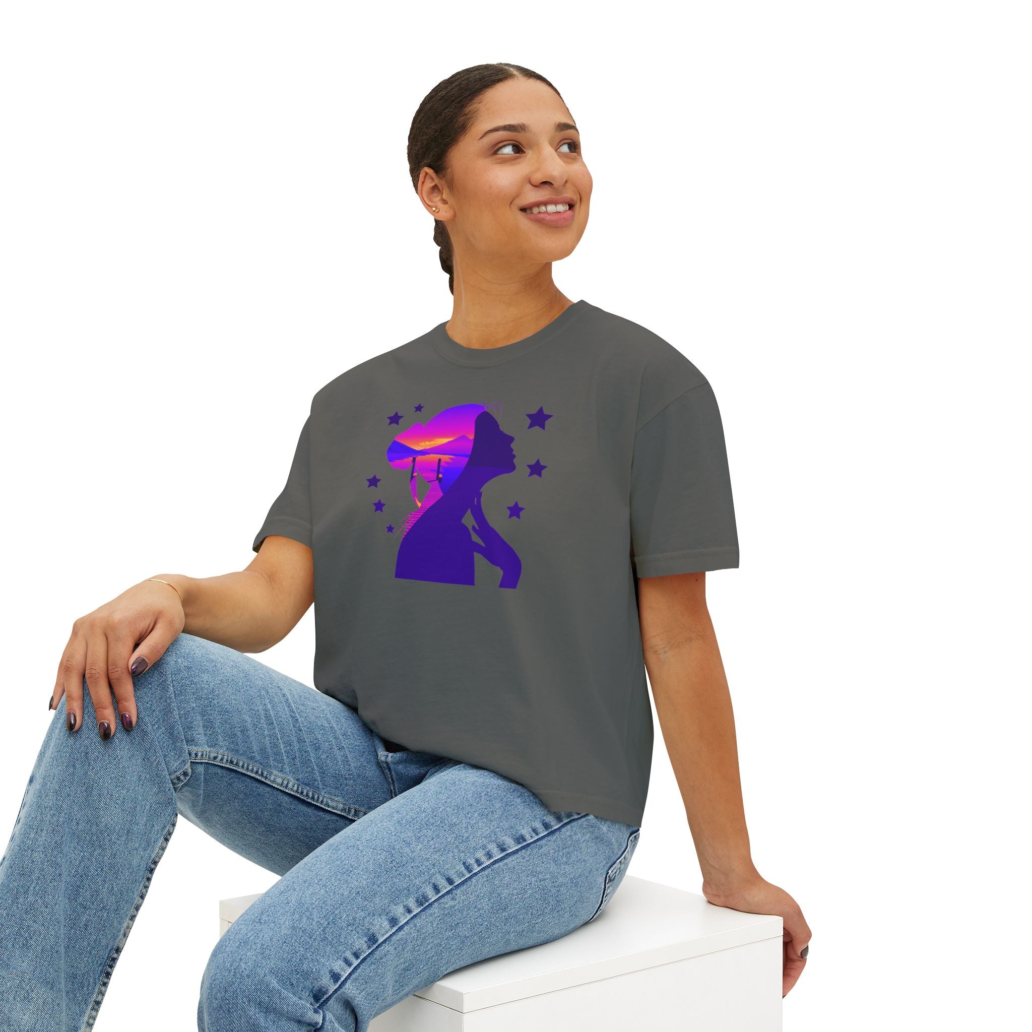 Women's Boxy Tee — Purple Sunset Silhouette Tee for Girls & Teens