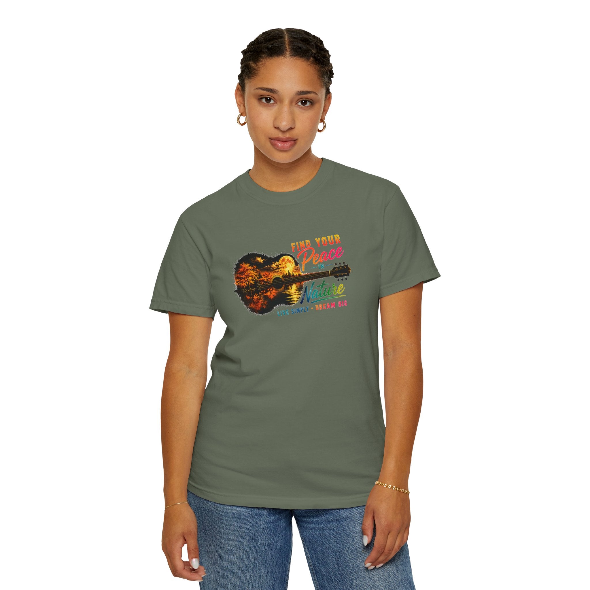 Acoustic Guitar Nature T-Shirt, Find Your Peace in Nature Tee, Music Lover Gift, Camping Shirt, Outdoor Graphic Tee, Hiking Shirt