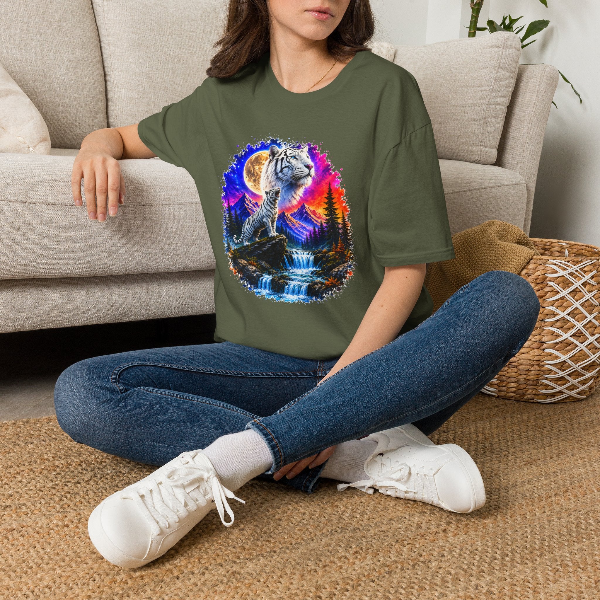 White Tiger Moon T-Shirt | Colorful Wildlife Graphic Tee | Big Cat Lover Gift | Nature Shirt