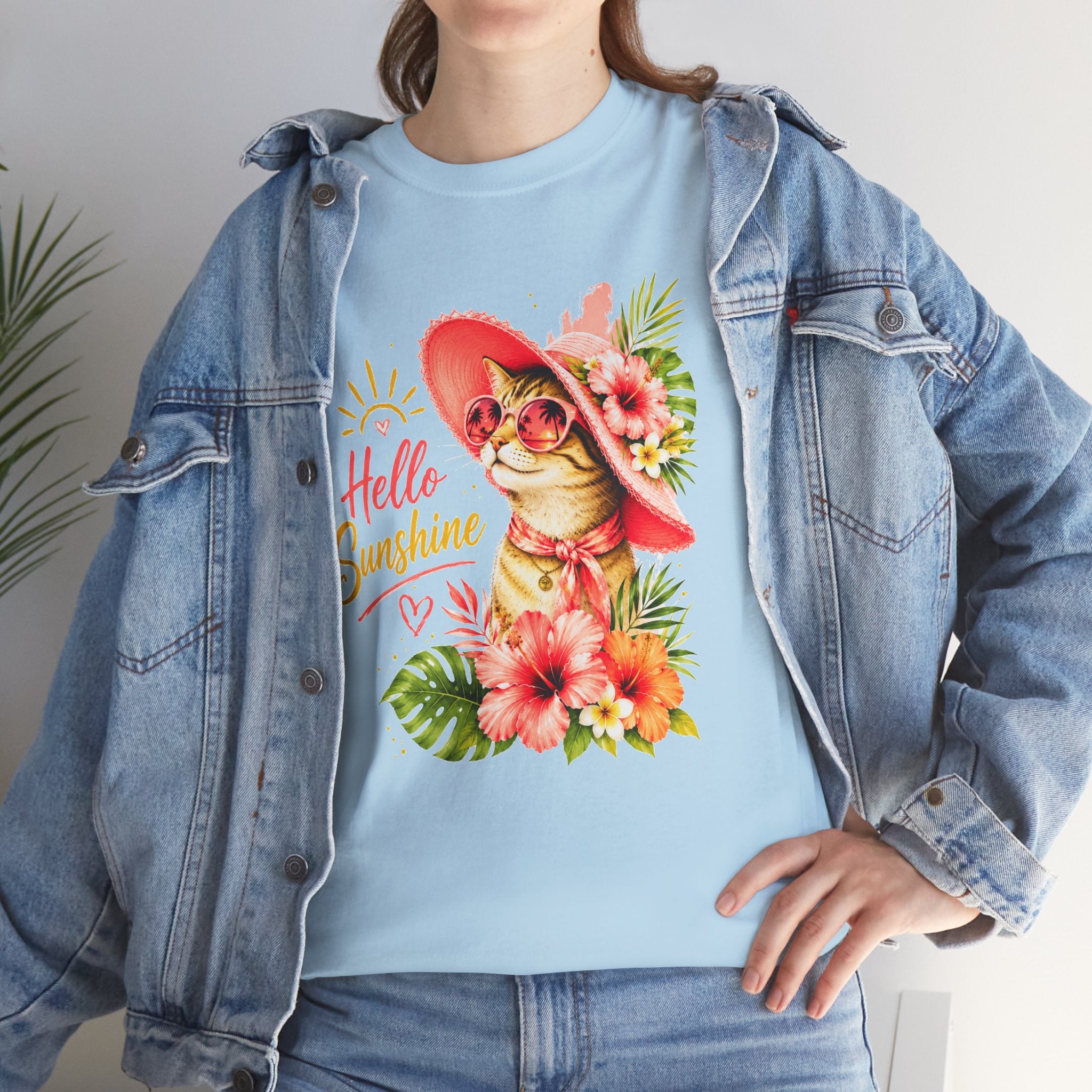 Hello Sunshine Cat Shirt | Cute Floral Cat T-Shirt | Tropical Summer Kitty Tee | Cat Lover Gift | Cute Women's Graphic Tee