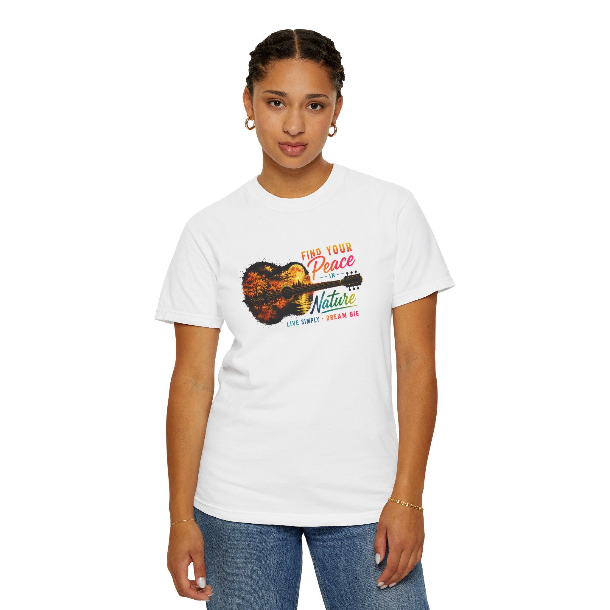 Acoustic Guitar Nature T-Shirt, Find Your Peace in Nature Tee, Music Lover Gift, Camping Shirt, Outdoor Graphic Tee, Hiking Shirt