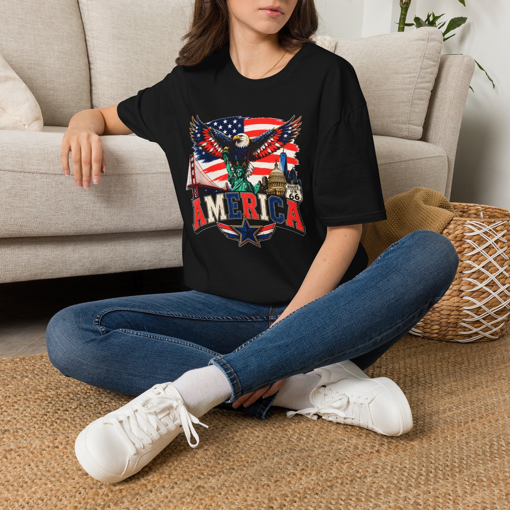 America Eagle Graphic T-Shirt — Patriotic USA Flag & Landmarks Tee (Statue of Liberty, Golden Gate, Capitol, Route 66)