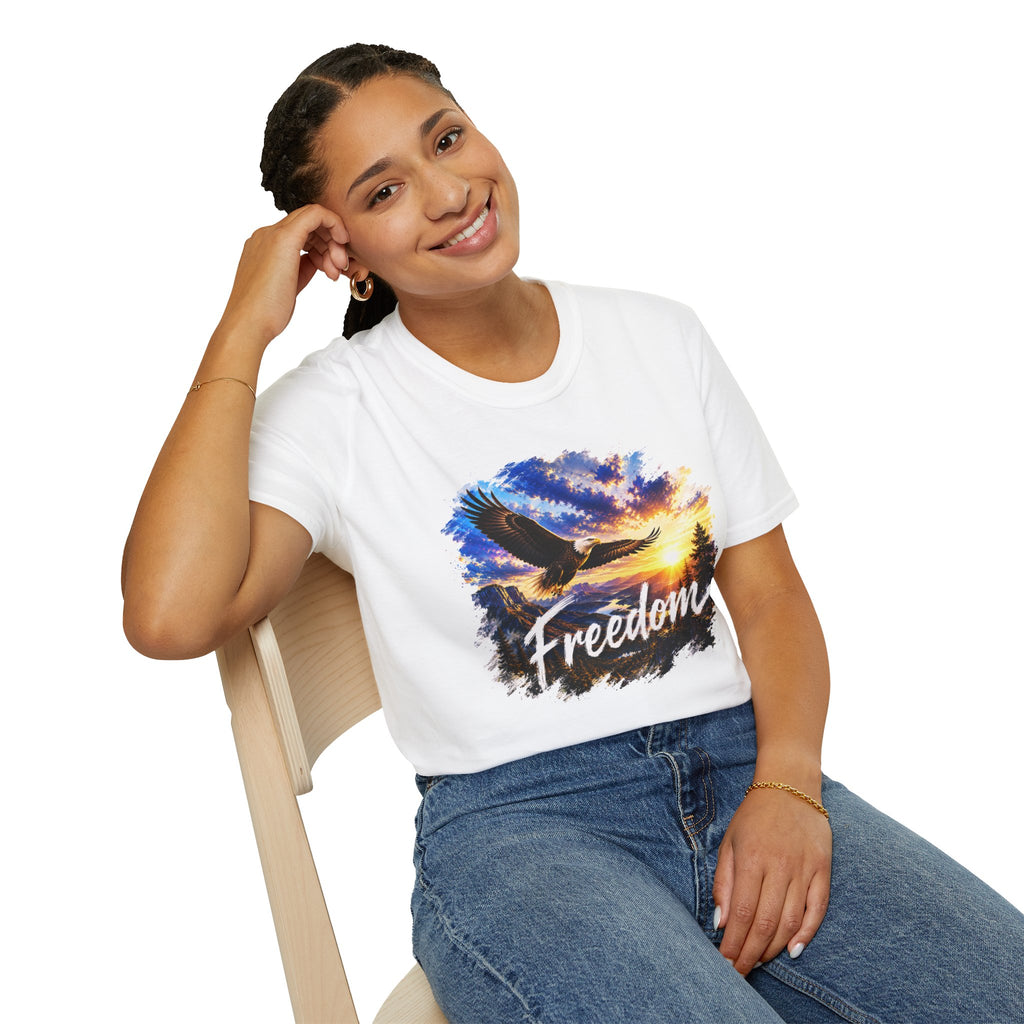 Freedom Eagle T-Shirt, Soaring Eagle Graphic Tee, Sunset Wildlife Shirt, Nature Lover Gift, Unisex Outdoor Tee