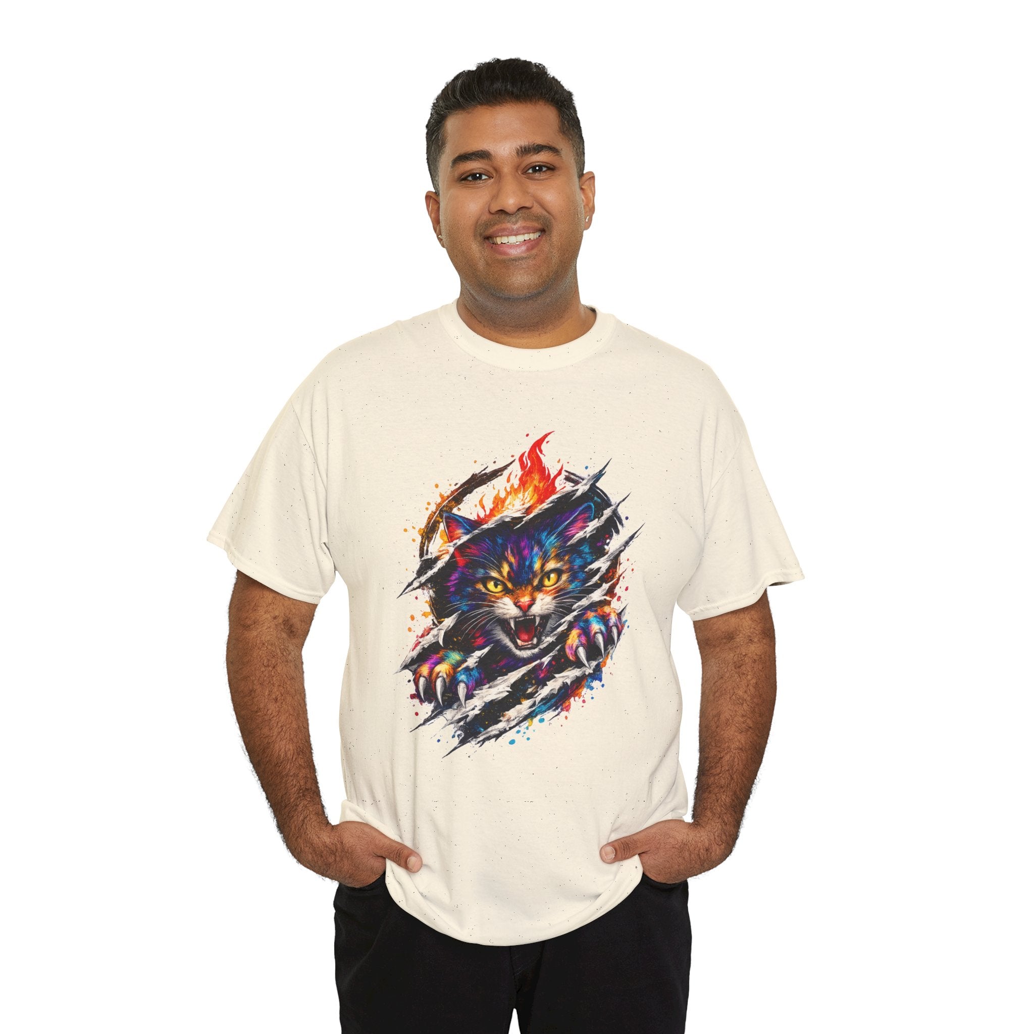 Colorful Angry Cat Rip Through Graphic Tee | Neon Cat T-Shirt | Unisex Streetwear Shirt | Fierce Cat Art | Gift for Cat Lovers