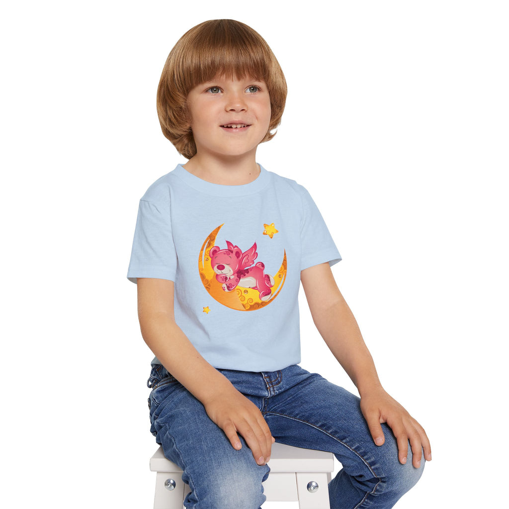 Cute Sleeping Pink Baby Dragon on Moon Toddler T-Shirt | Nursery Kids Tee | Soft Cotton Toddler Shirt