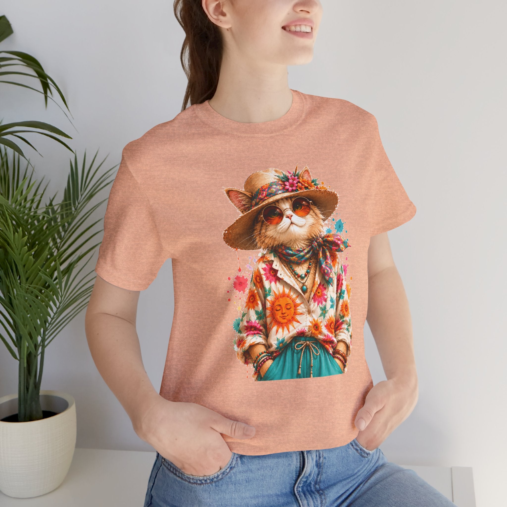 Boho Cat Graphic Tee — Floral Hat & Sunshine Cat T-Shirt