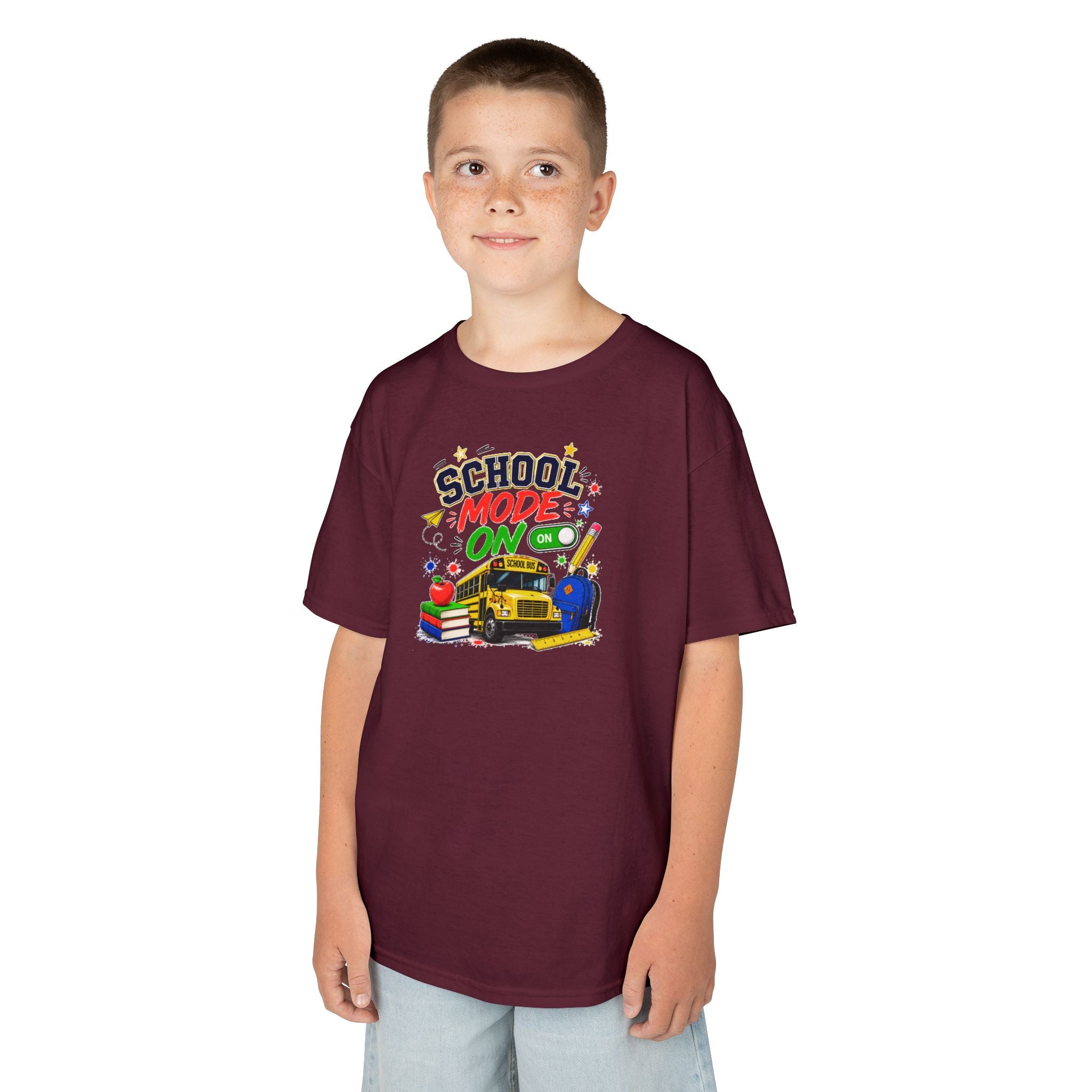 School Mode On Kids T‑Shirt — Back-to-School Graphic Tee with Bus, Books & Apple