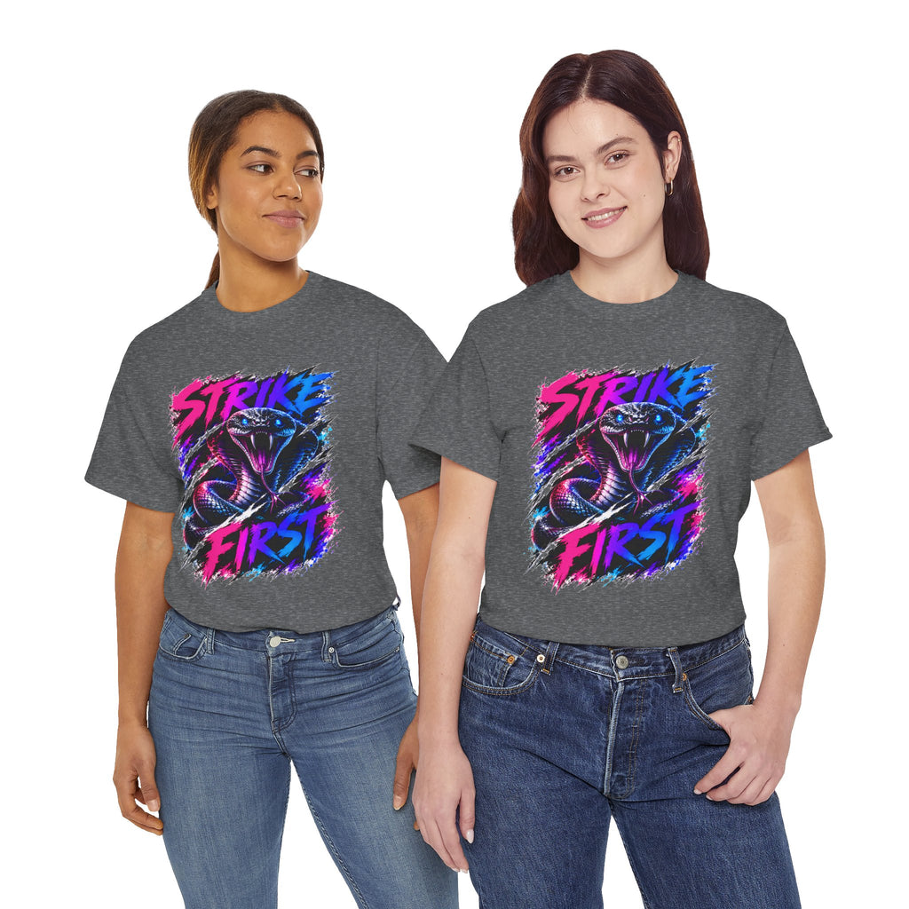 Strike First Cobra T-Shirt | Neon Snake Graphic Tee | Bold Streetwear Shirt | Unisex Graphic Tee