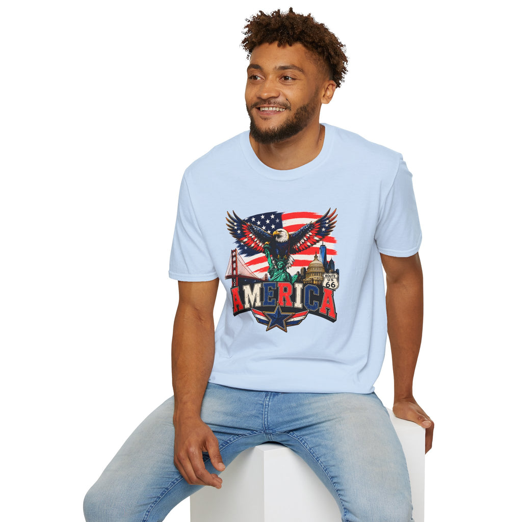 America Eagle Graphic T-Shirt — Patriotic USA Flag & Landmarks Tee (Statue of Liberty, Golden Gate, Capitol, Route 66)