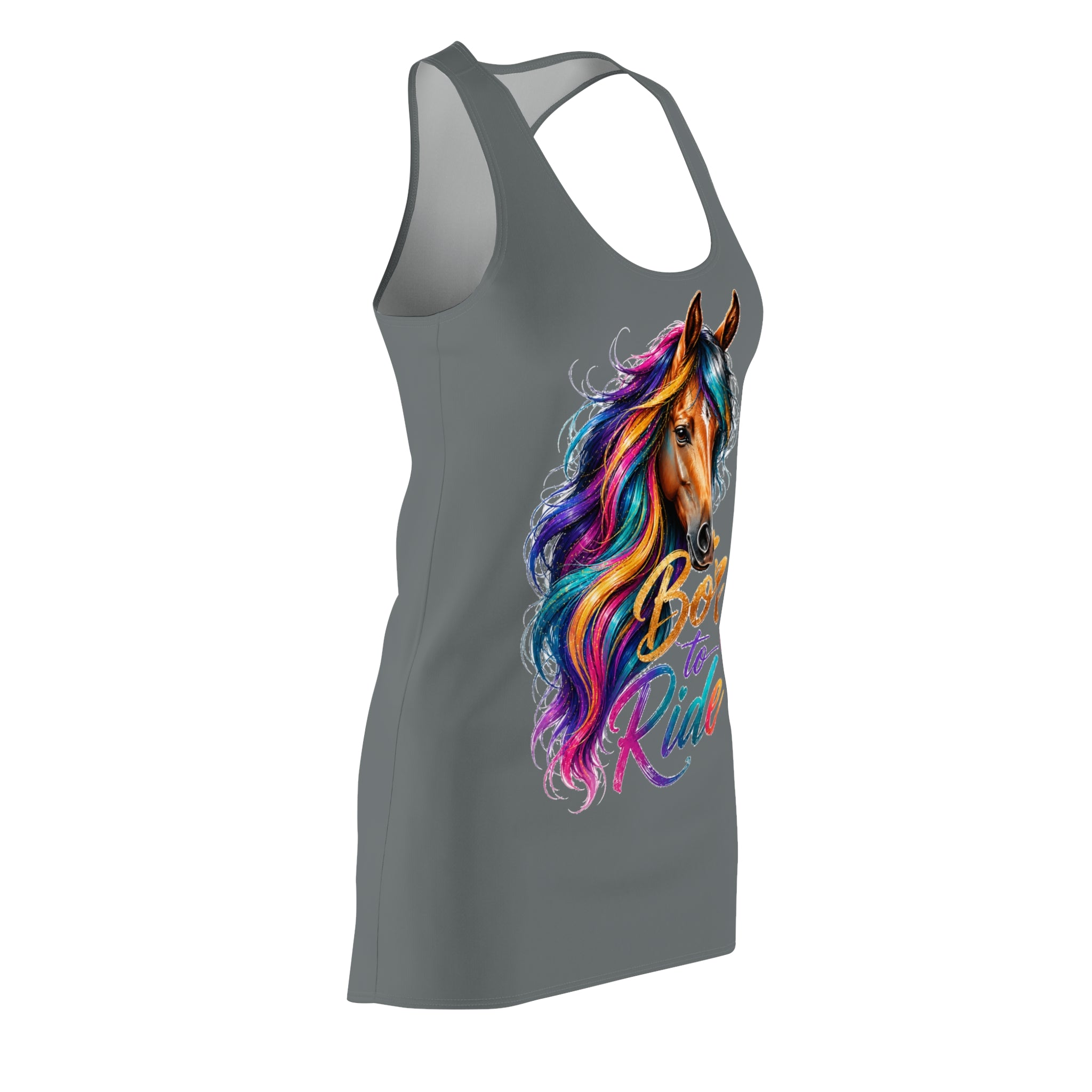 Colorful Horse Racerback Dress, Born to Ride Dress, Horse Lover Gift, Equestrian Summer Dress, Rainbow Horse Graphic Dress, Women's Casual Tank Dress